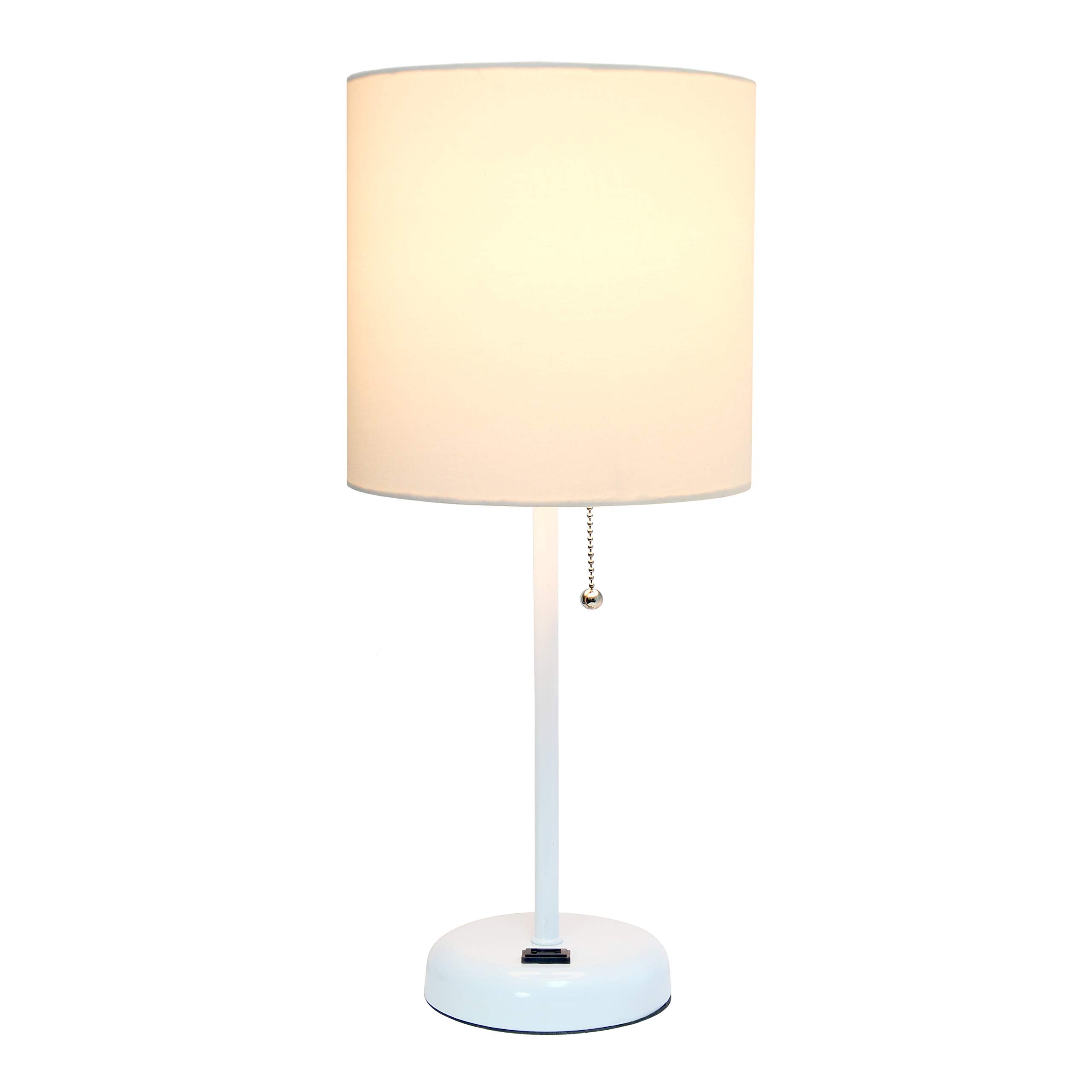 Simple Designs Lt2024-Wow White Stick Table Desk Lamp With Charging Outlet And Drum Fabric Shade, White Shade