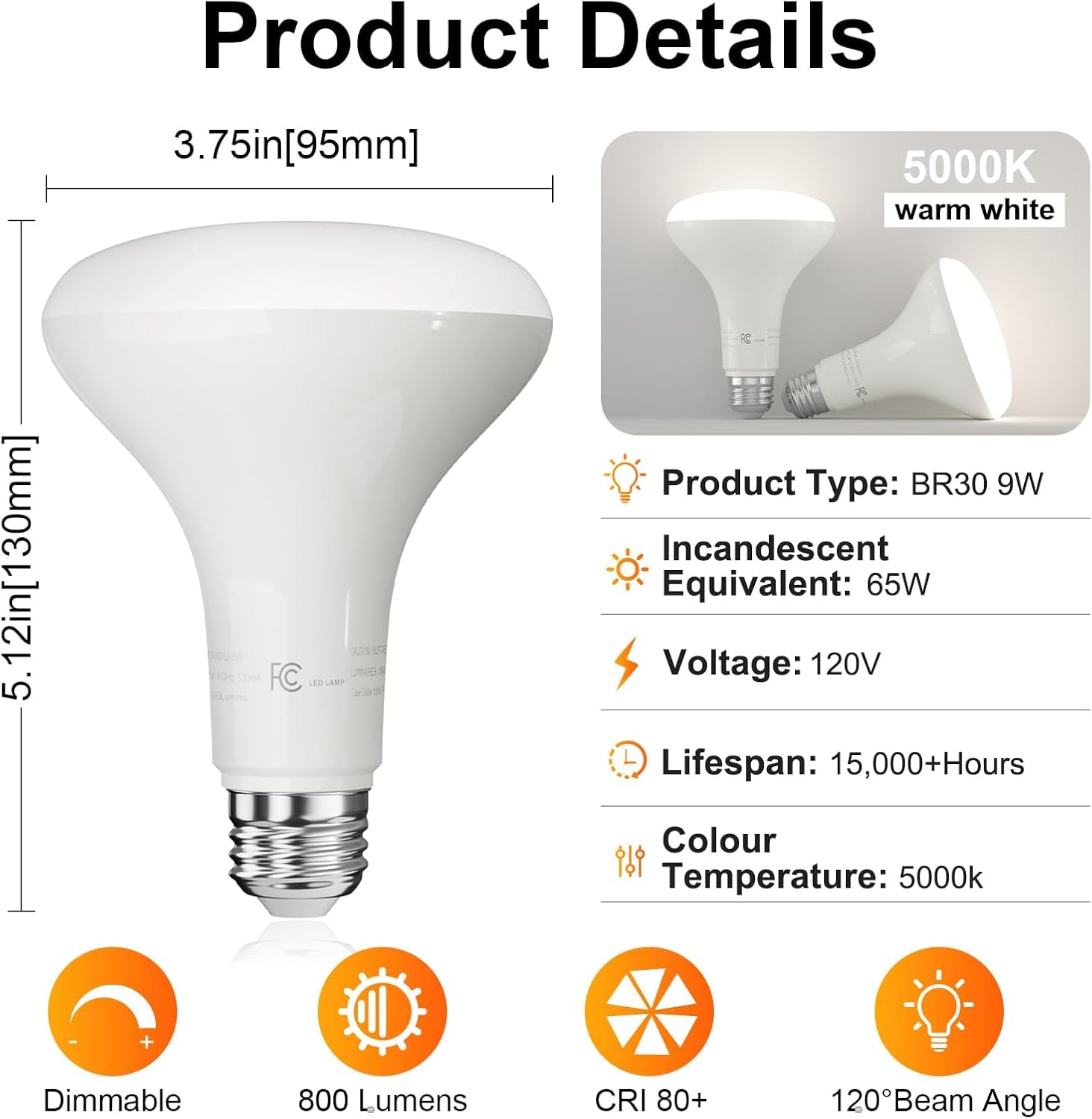 Tjoy Led Flood Light Bulb, Recessed Ceiling Bulb, Br30, 65W Equivalent Efficient 9W, Dimmable, E26, Daylight White 5000K, 10 Yea