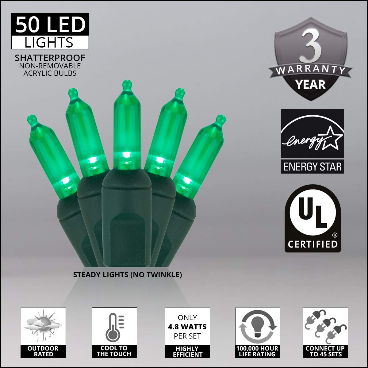 Wintergreen Lighting 50 T5 Green Christmas Tree Lights, 25.5' Led Christmas Lights Mini Lights St. Patricks Day Lights Halloween Lights Holiday Lights