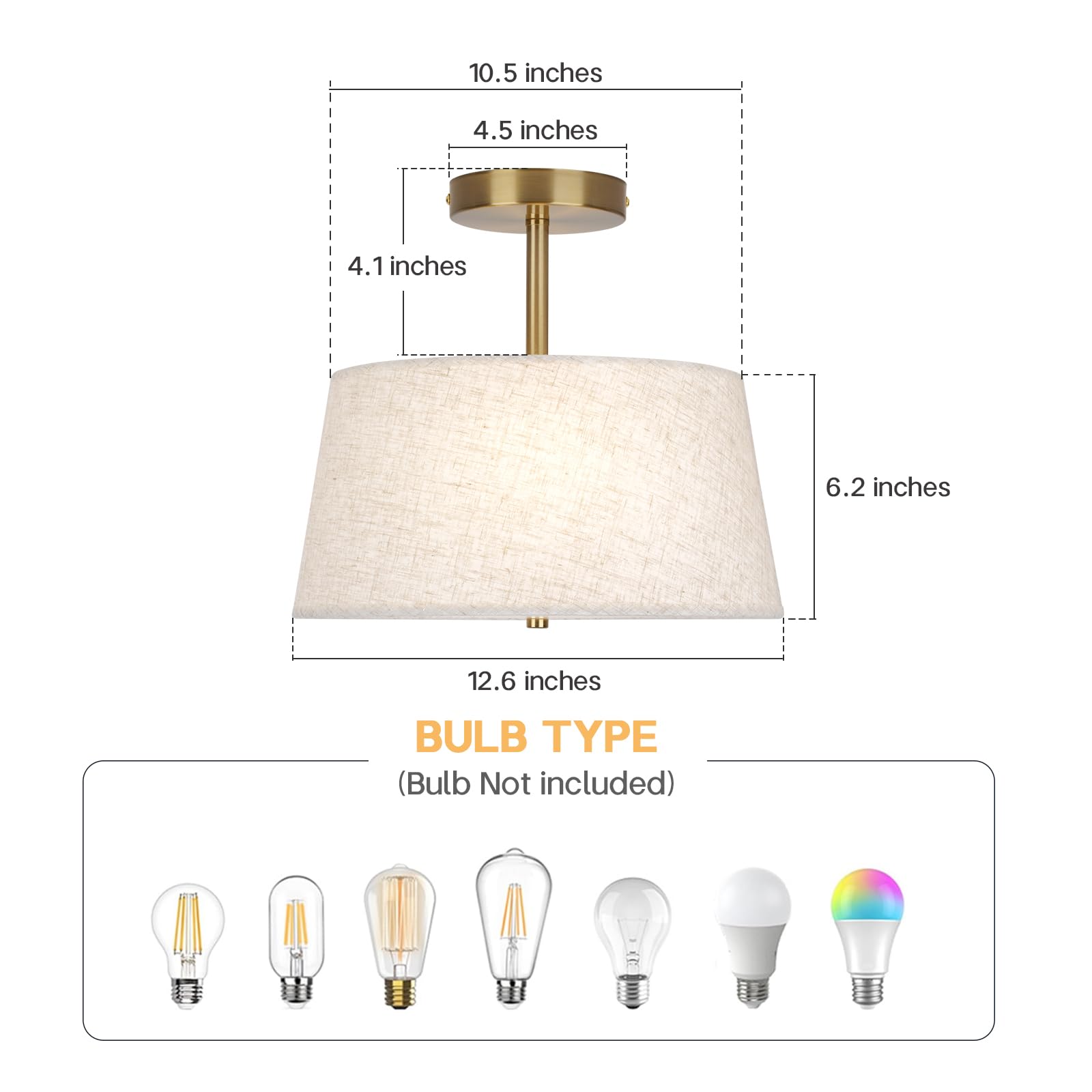 Calokes Cone-Shaped Semi Flush Mount Modern Ceiling Light Fixture, 3-Light Drum Lamp With Gold Brass Finish And Beige Fabric Sha