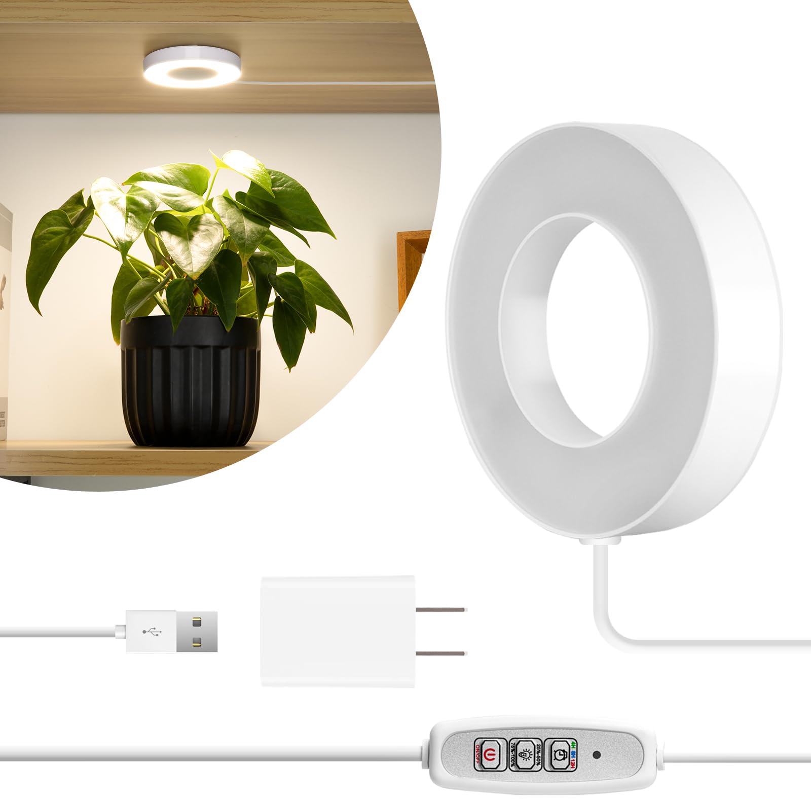 Lordem Grow Light For Indoor Plants, 48 Leds Ceiling Full Spectrum Plant Light, 5V Corded Growing Lamp With 4/8/12H Auto Switch, 4 Dimmable Brightness Levels, Ideal For Small Plants