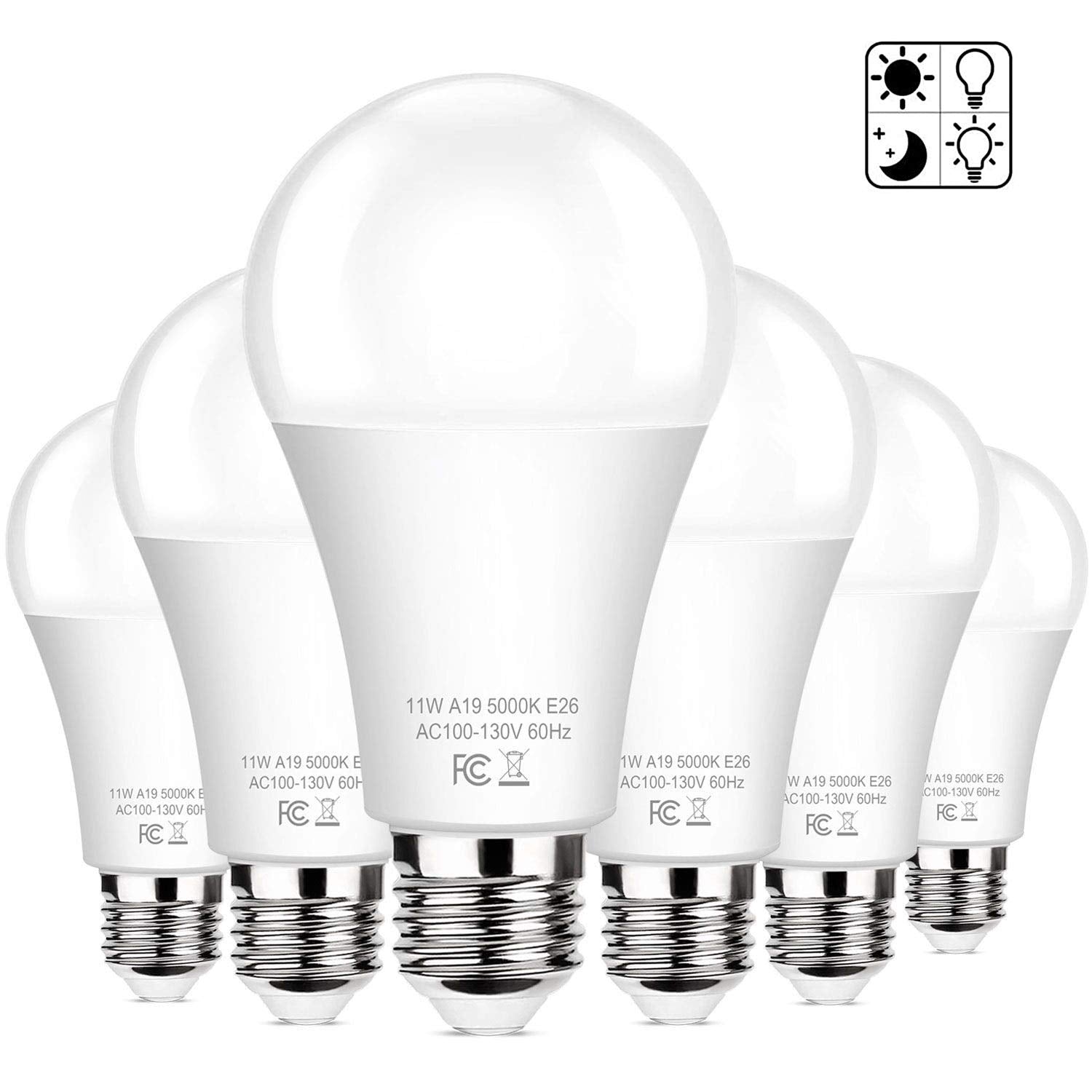 Brightever 6-Pack Dusk to Dawn LED Light Bulbs, A19 11W, E26, 1200LM, Daylight White 5000K, Automatic On/