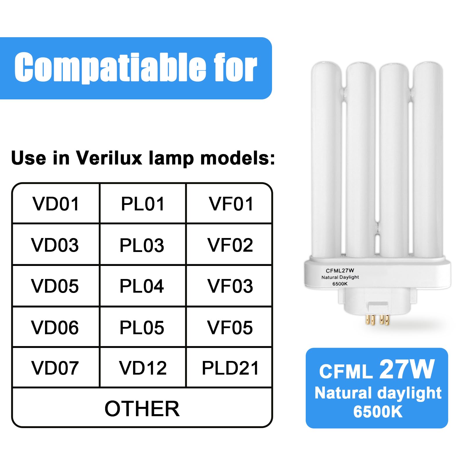Celiwace CFML27VLX 27W Fluorescent Bulb, 4-Pin GX10Q-4 Base, 6500K Daylight, White, 3-Pack