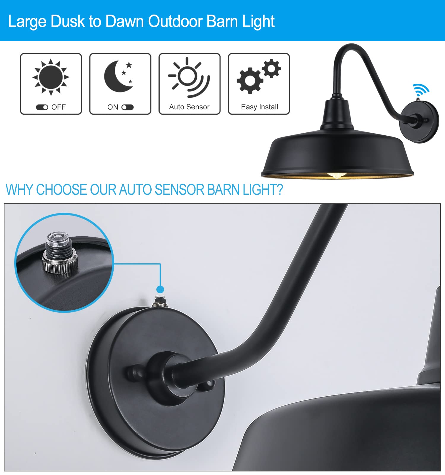 JOESA 15 inch Outdoor Gooseneck Barn Light Fixture with a 15 inch Long Extended Arm - Dusk to Dawn Porch Light, Vintage, and a R