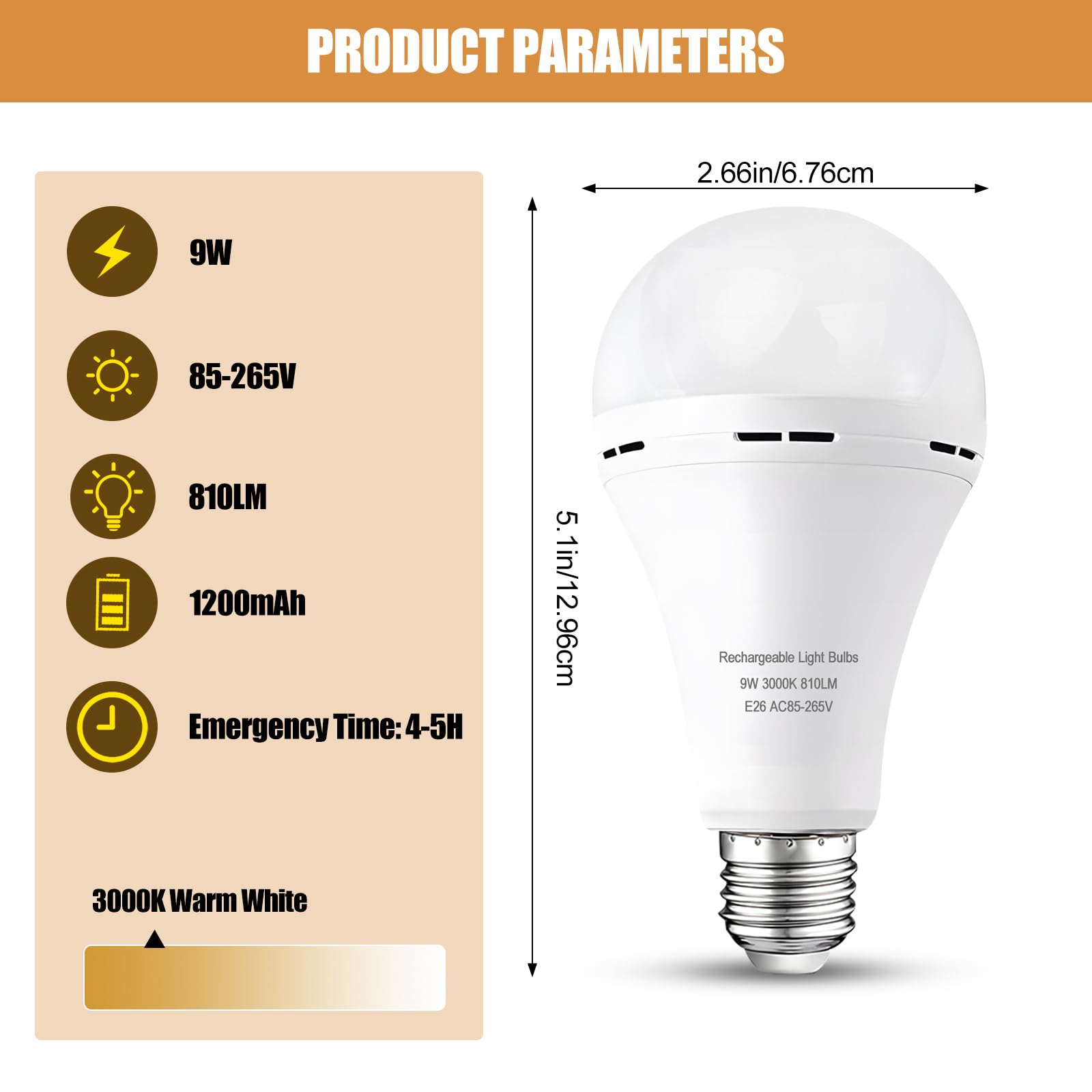 Noger Emergency Rechargeable Light Bulbs 6 Pack, A21 9W 3000K Battery Operated, 1200mAh for Home & Camping, Warm White
