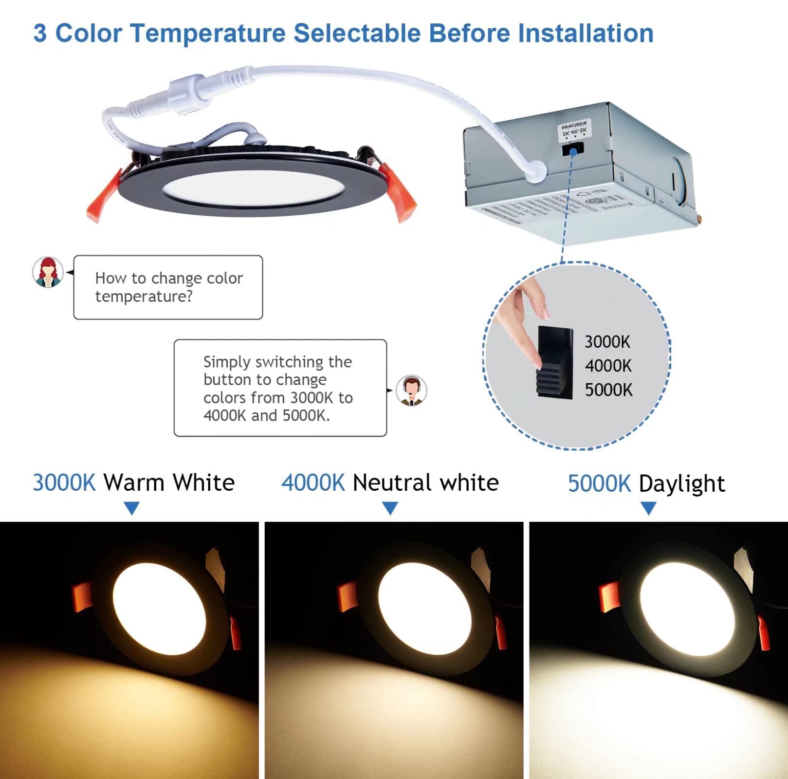 Cycevsun Black Recessed Lights, Canless 4 Inch Soffit Wafer Pot Lighting With Junction Box, Dimmable & 5 Color Temperature Selectable, 9W, 120V, Wet & Ic Rated, Etl, 6 Pack