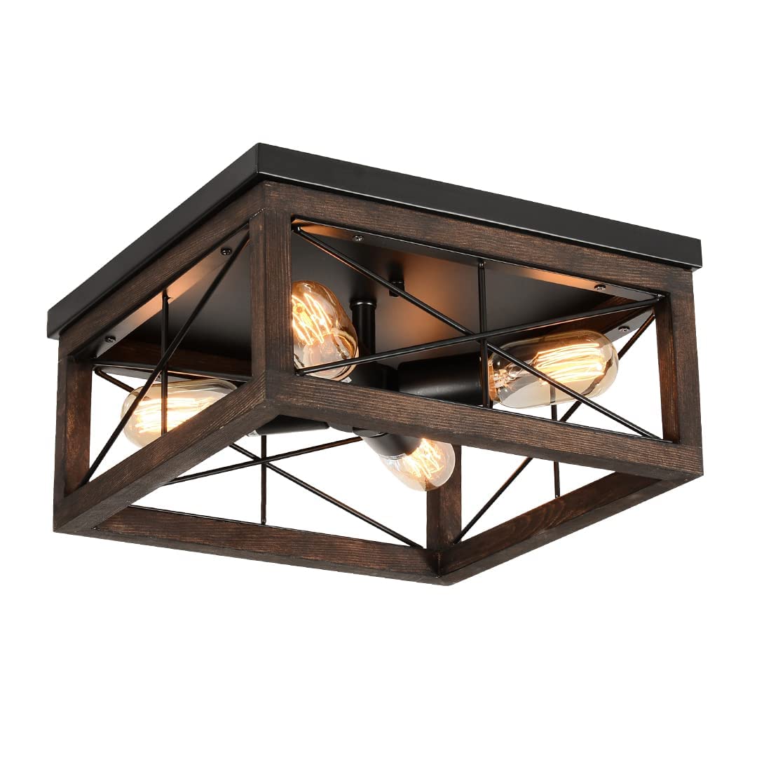 eyassi Wooden Flush Mount Ceiling Light, 4-Light Rustic Farmhouse Light Fixtures, Industrial Square Ceiling Light Fixture with E26 Socket for Kitchen Entryway Living Room Dining Room Bedroom