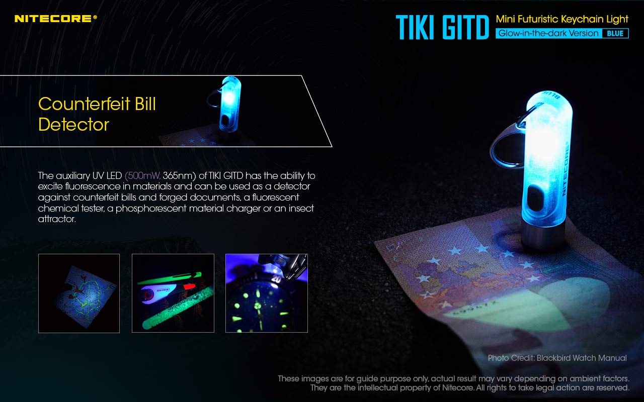 Nitecore Tiki GITD Blue Keychain Flashlight, 300 Lumen EDC, USB-C Rechargeable, Model TIKI-GITD-BL+UCORD