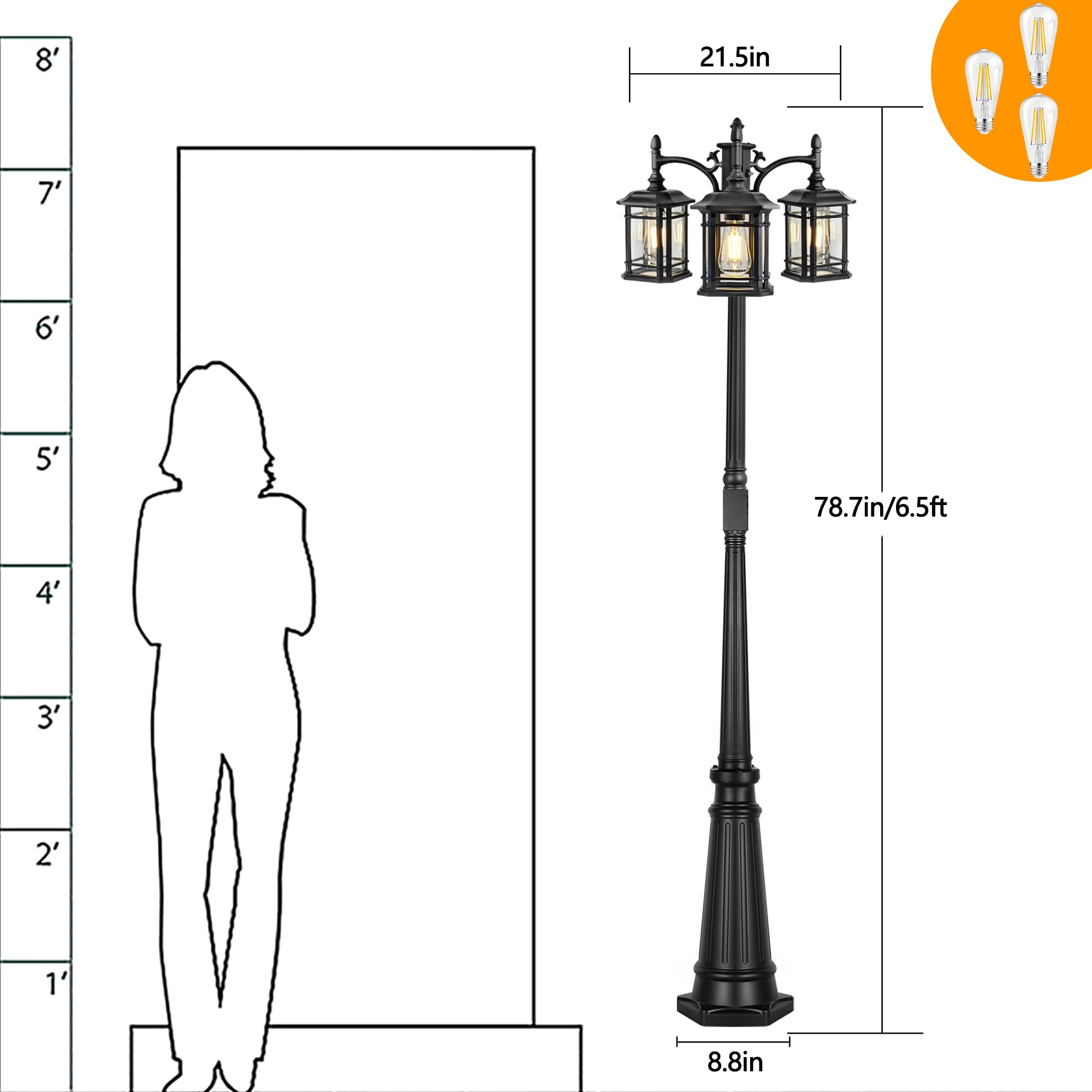 PARTPHONER Dusk to Dawn Outdoor Lamp Post Light, Black with GFCI Outlet, 3-Head Waterproof Street Lights, 3 LED Bulbs Included