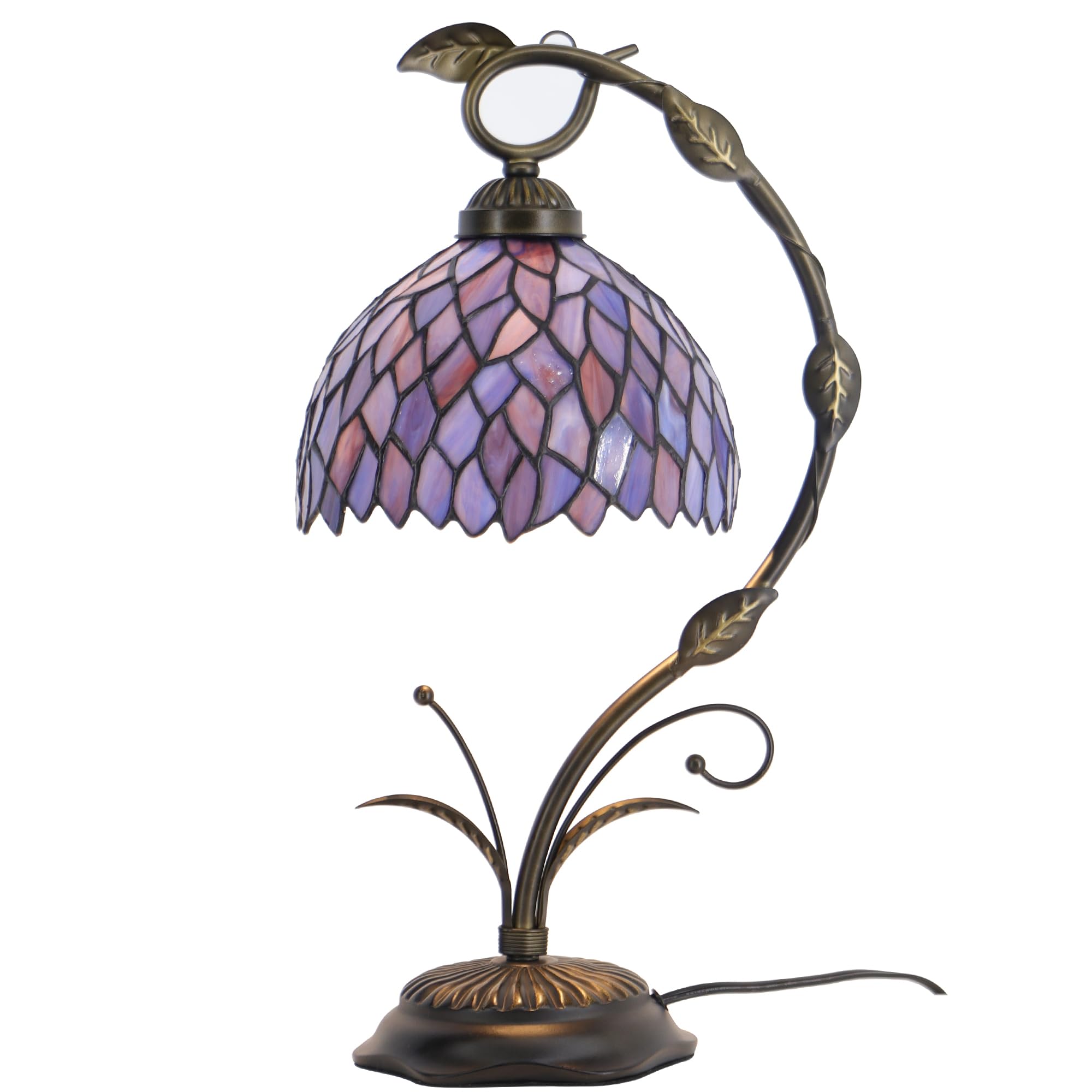 HZYFFYU Tiffany Lamp Stained Glass Table Lamp Metal Leaf Base 8X10X19 Inch Reading Desk Light (Wisteria Style)