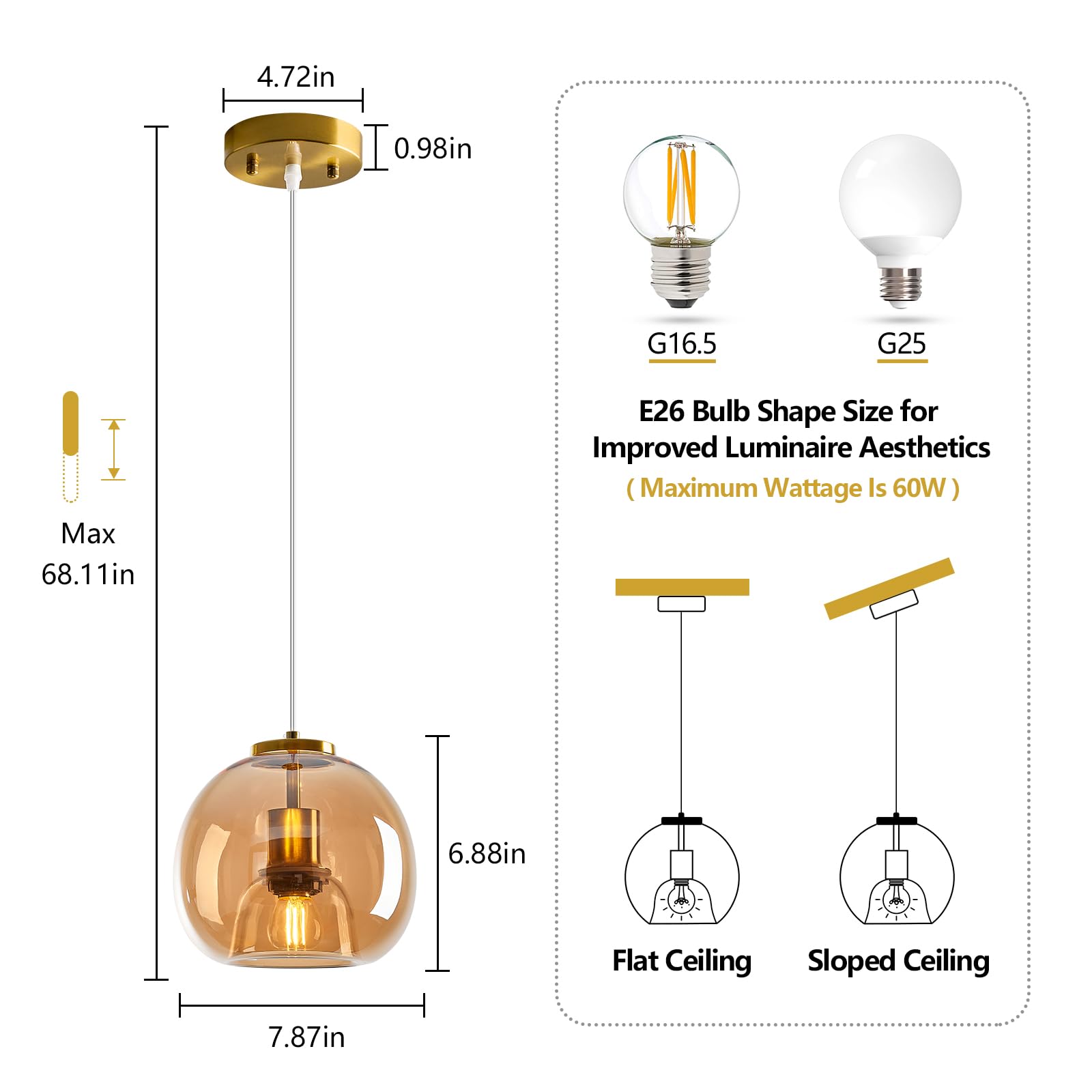 Lbsqj Amber Glass Pendant Lights Kitchen Island Gold Hanging Light Fixture Glass Globe Pendant Light Modern Pendant Lighting For Kitchen Island Bedroom Dining Room (7.87  3 Pack)