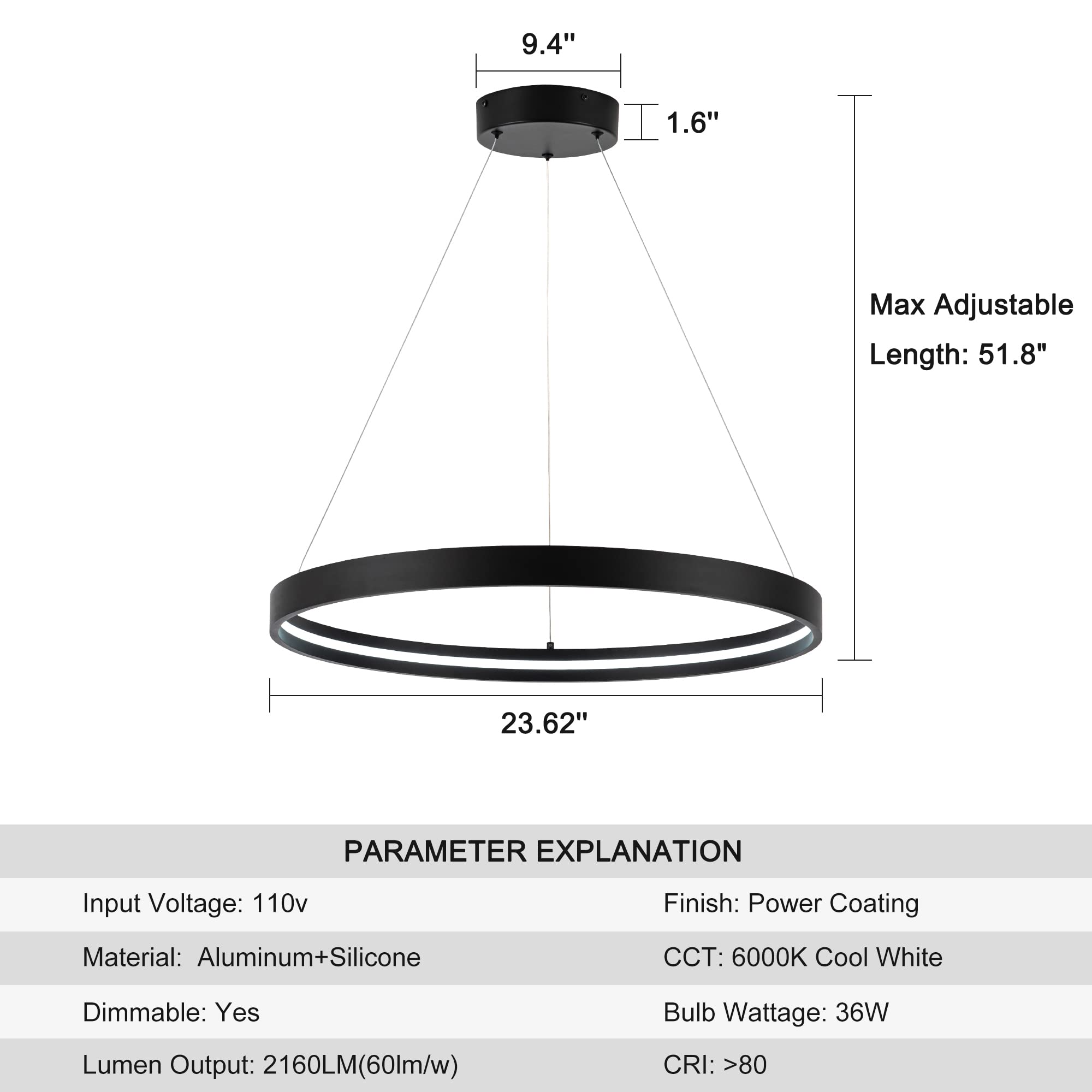 Sunmoo Modern Led Chandeliers Black, Dimmable Contemporary Led Chandeliers 1 Ring, Hanging Led Modern Pendant Light Fixture For