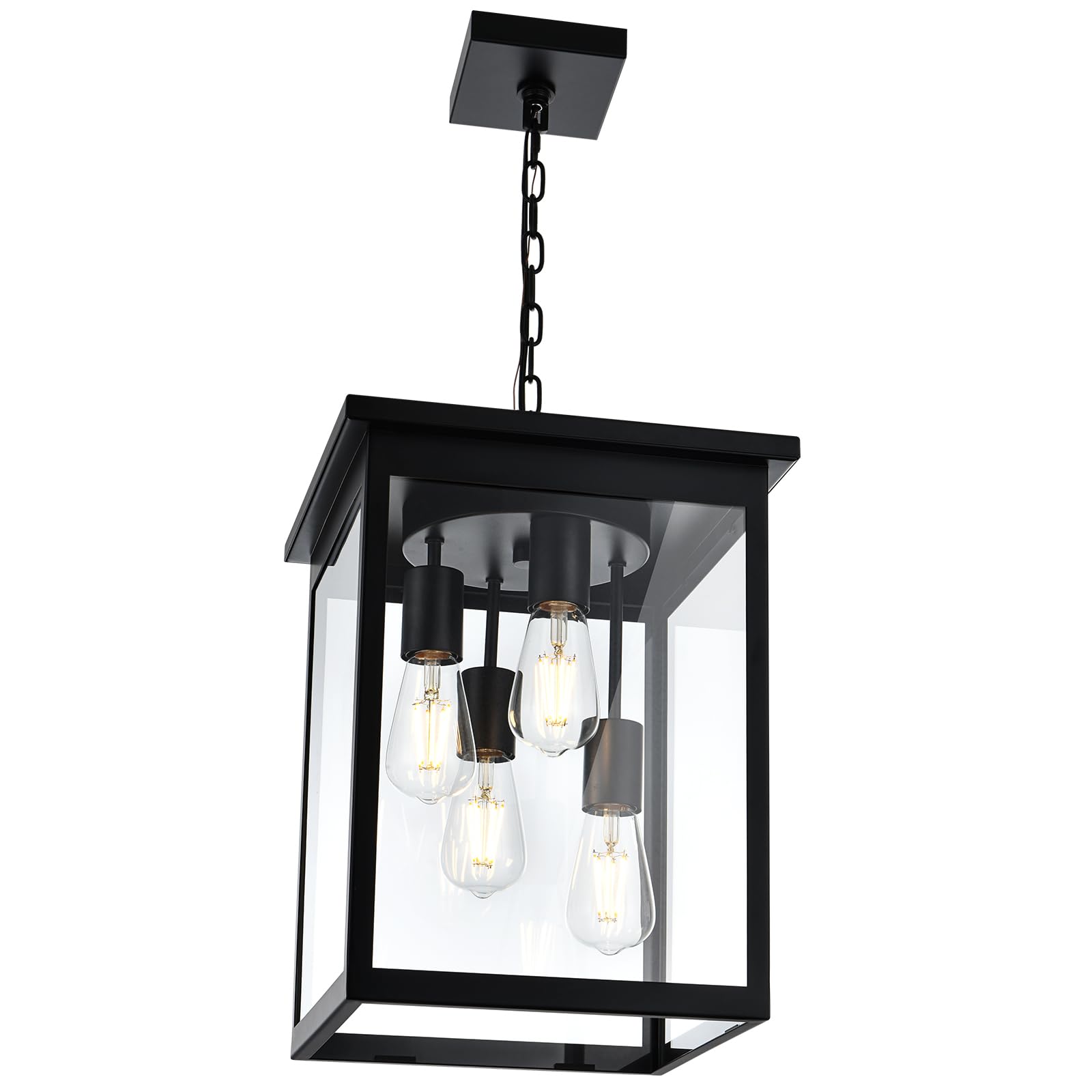 TODOLUZ Large Outdoor Pendant Light Fixtures, 4-Lights Black Exterior Ceiling Hanging Lanterns with Clear Glass, Farmhouse Outdo