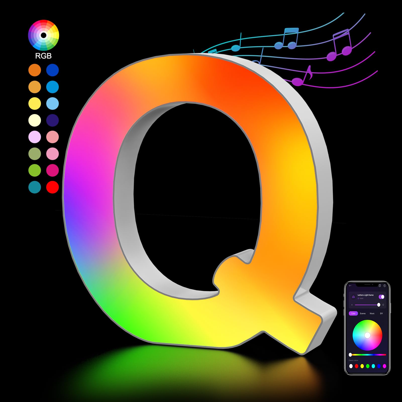 Kangtaixin LED Letter Lights, Color Changing USB Powered, Model G201, Letter Q, Night Light for Party & Home Decor