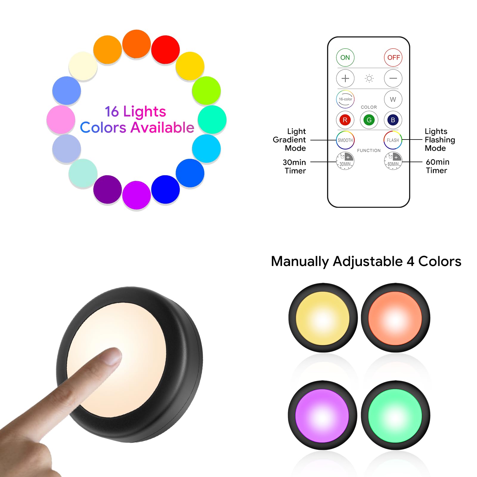 Yiliaw LED Puck Lights 3 Pack with Remote Control, 16 Color Options, Dimmer & Timer, Battery Operated, Black