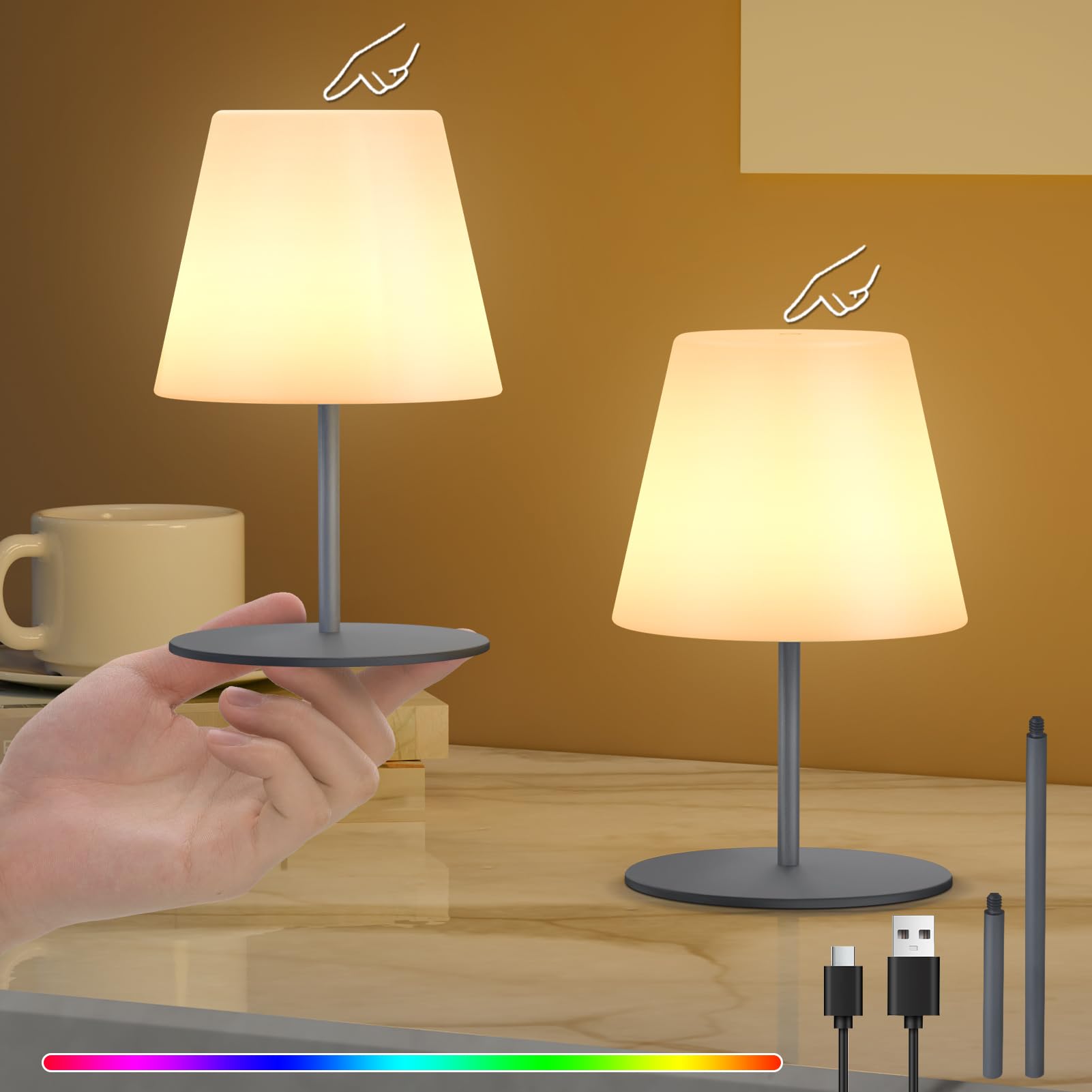 uuffoo 2 Pcs Table Lamp Shower Lamp Cordless Battery Operated Rechargeable Touch Desk Lamp Bathroom Lamp LED Night Light IP44 for Outdoor Indoor Bathroom Dining Table Living Room Bedroom Hotel (Gray)