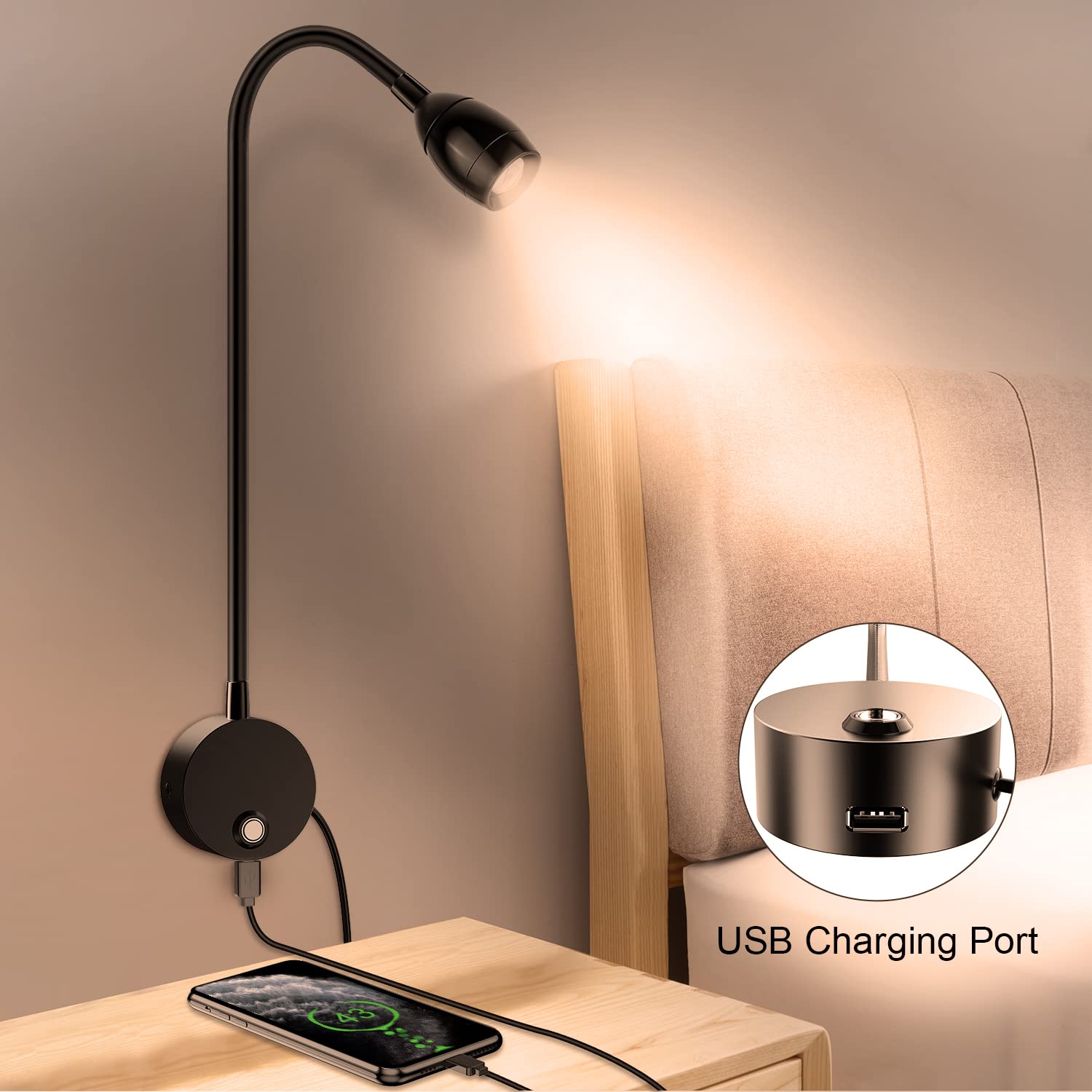 ERAY Wall Mounted LED Reading Light, 15in Flexible Gooseneck, Dimmable Warm Light, Touch Control, 2 Pack, Aluminum, Model E271-2