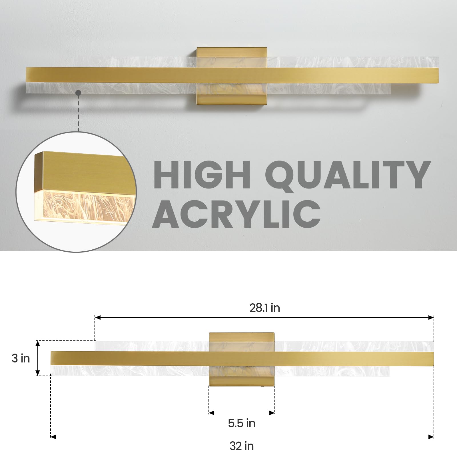 HAHZT Modern Bathroom Vanity Light - 32" Brushed Gold Dimmable LED Wall Sconce, Metal Fixture for Mirror, Model 8075WL, 3000K
