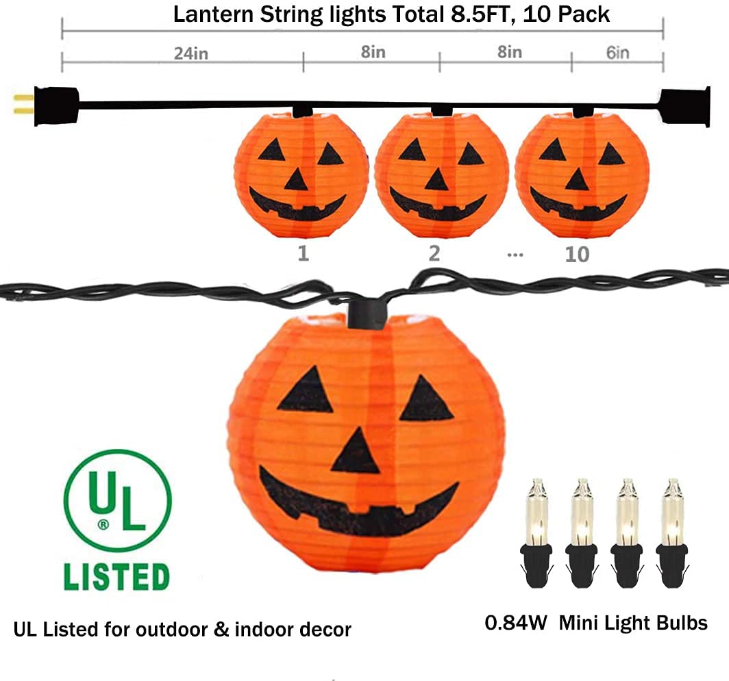 GOOTHY Outdoor Halloween Pumpkin Lantern String Lights, 8.5FT, Orange, 10 Mini Jack-O-Lanterns, Plug-in for Patio Garden Party