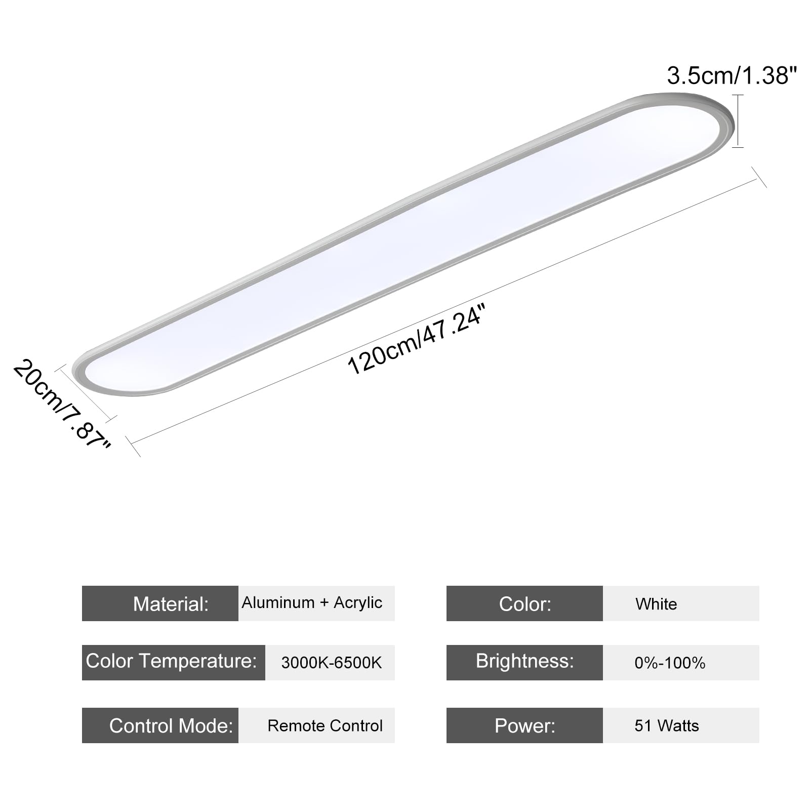 Ganeed 4Ft Led Flush Mount Ceiling Light, 51W Dimmable Modern Linear Kitchen Ceiling Lamp, High Brightness Low Profile Long Ceil