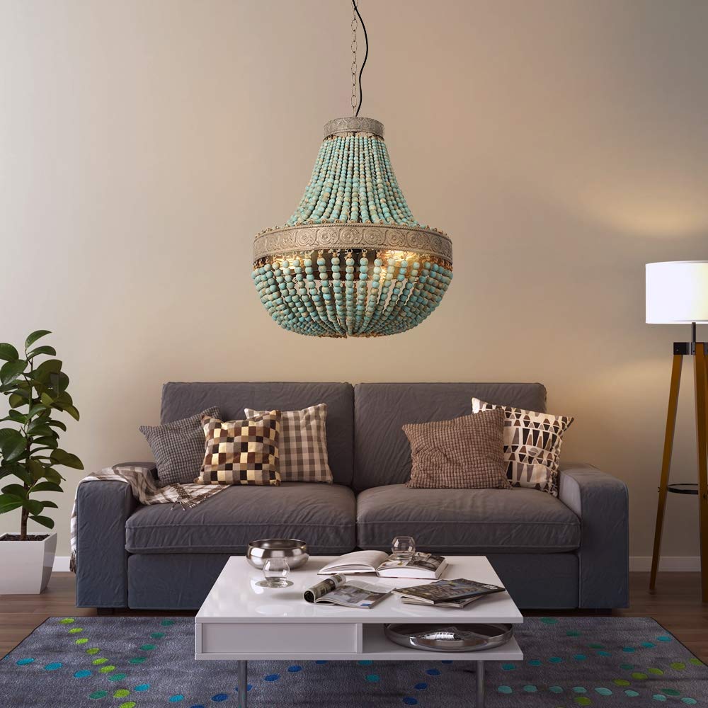 Newrays Wood Bead Chandelier Pendant Light Gray Blue 19.88x21.65 in Bohemian Ceiling Lamp Model P141001