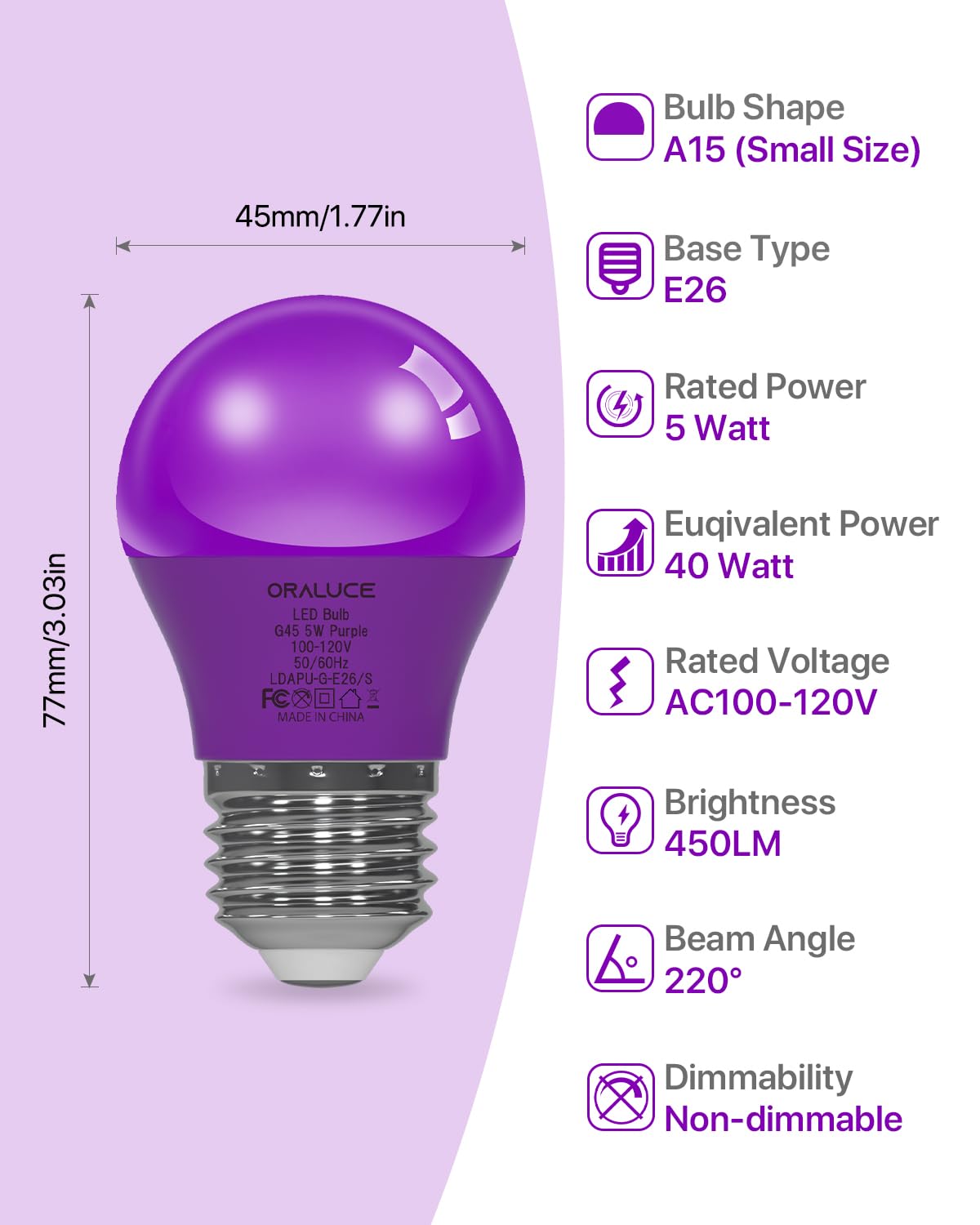 Oraluce Purple Porch Light Bulb 40 Watt Equivalent,A15 Led Bulbs For Halloween Christmas Party Decoration And Lighting,Colored Light Bulb With E26 Base,5W 450Lm Non-Dimmable,6 Pack.