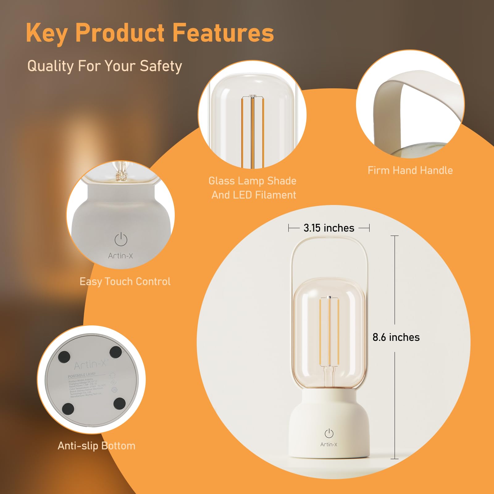 Artin-X Retro Cordless Lantern Table Lamp, 40 Hours Long Lasting Dimming Night Light, Small Rechargeable Battery Operated Light