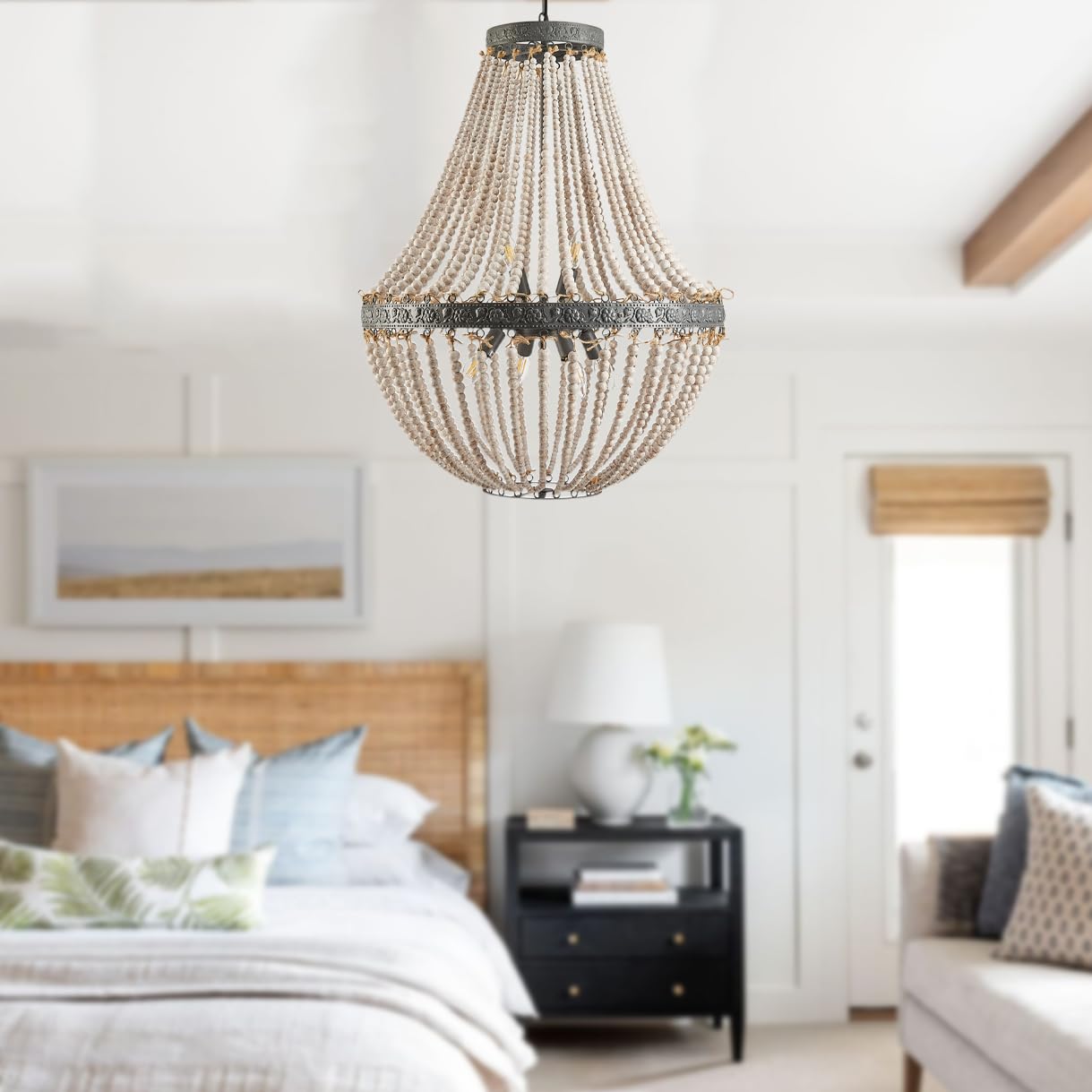 Large Boho Wood Beaded Chandelier - 25.5 Inch Draped Bead Rustic Farmhouse Ceiling Light Fixture for Dinning Room, Bedroom, Livi
