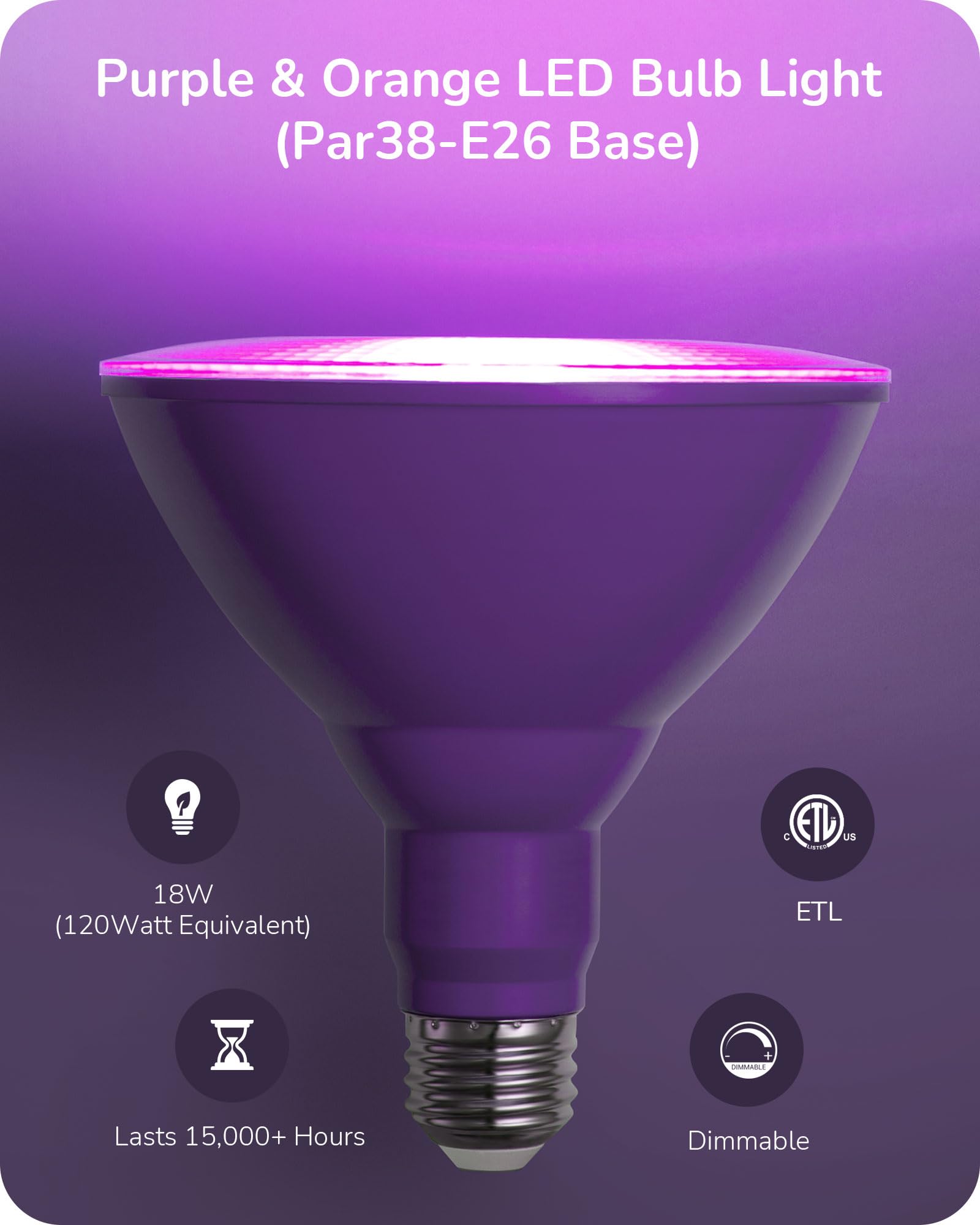 EDISHINE PAR38 LED Flood Light Bulbs, Dimmable, 18W (120W Equivalent), Purple & Orange, E26 Base, 2 Pack, ETL Listed