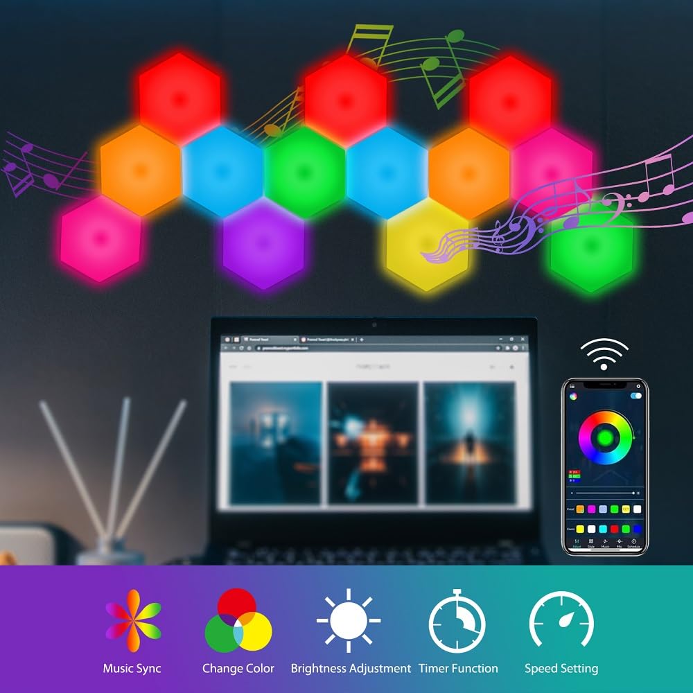 IFTHFOUR 8 Pack Hexagon Light Panels - Smart RGB Hexagon LED Lights Wall Lights with APP & Remote Control Cool Music Sync Gaming