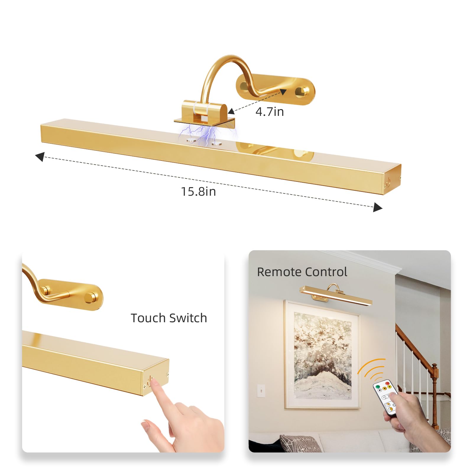 Swatia Wireless Picture Light With Remote Control, Metal Art Light Display, Adjustable Brightness Dart Light, 300 Lumens (Golden