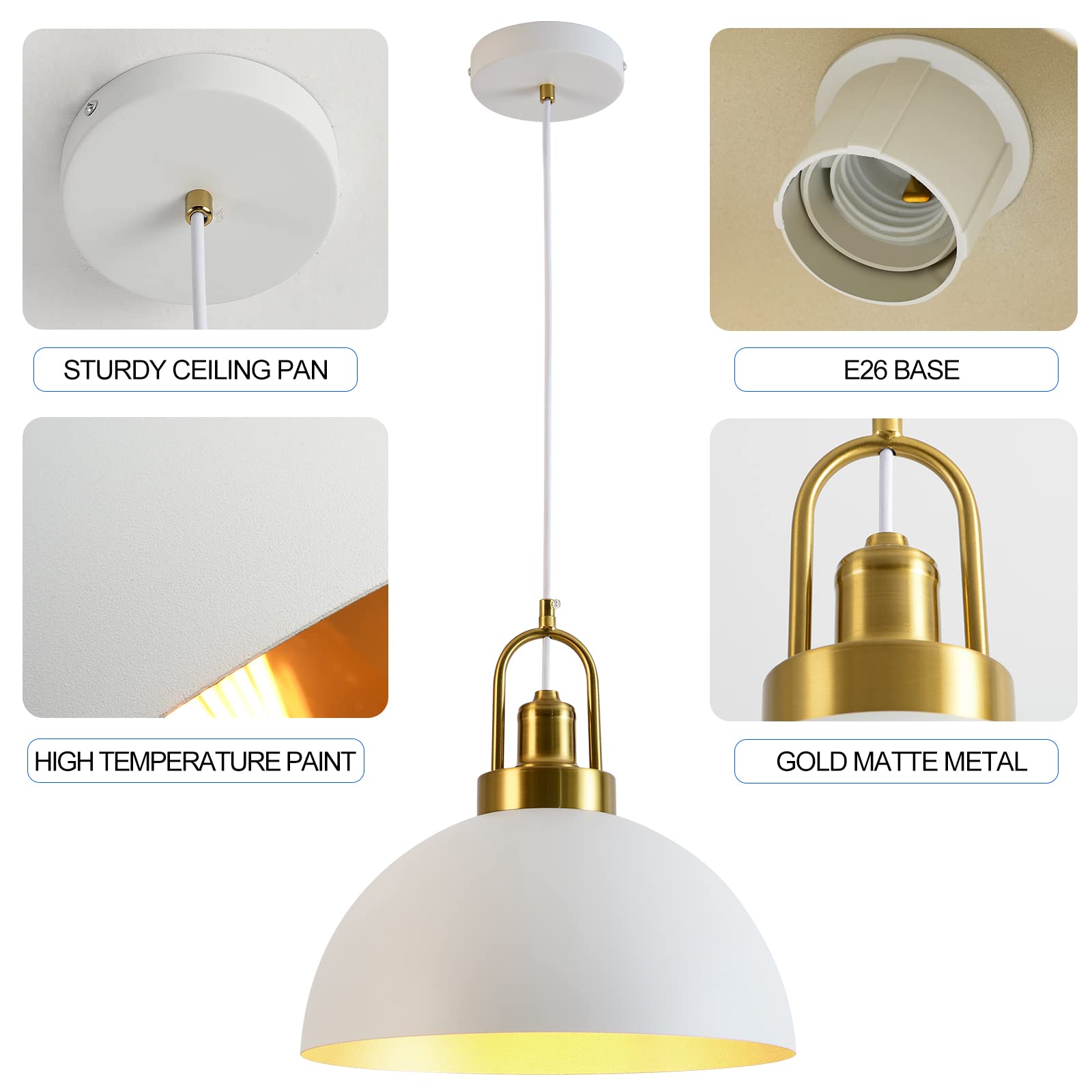 Vintage Industrial Pendant Light - 13.58'' Rustic White And Gold Farmhouse Dome Pendant Lighting, 78.74'' Length, For Kitchen, D