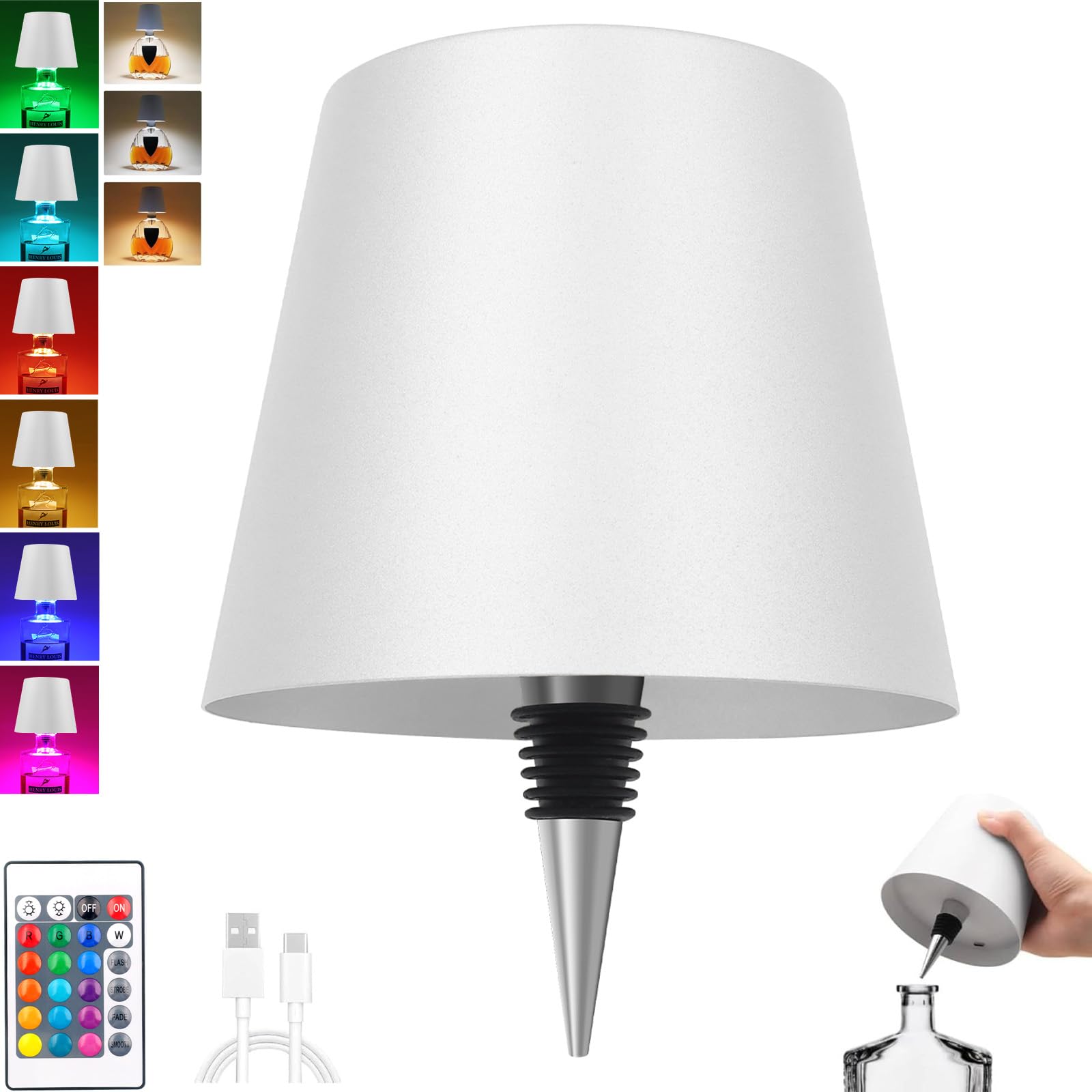 Wireless Bottle Lamp With Remote Control, Rechargeable Rgb Wine Bottle With 3Modes Light Dimming, Waterproof Touch Lamp Head For