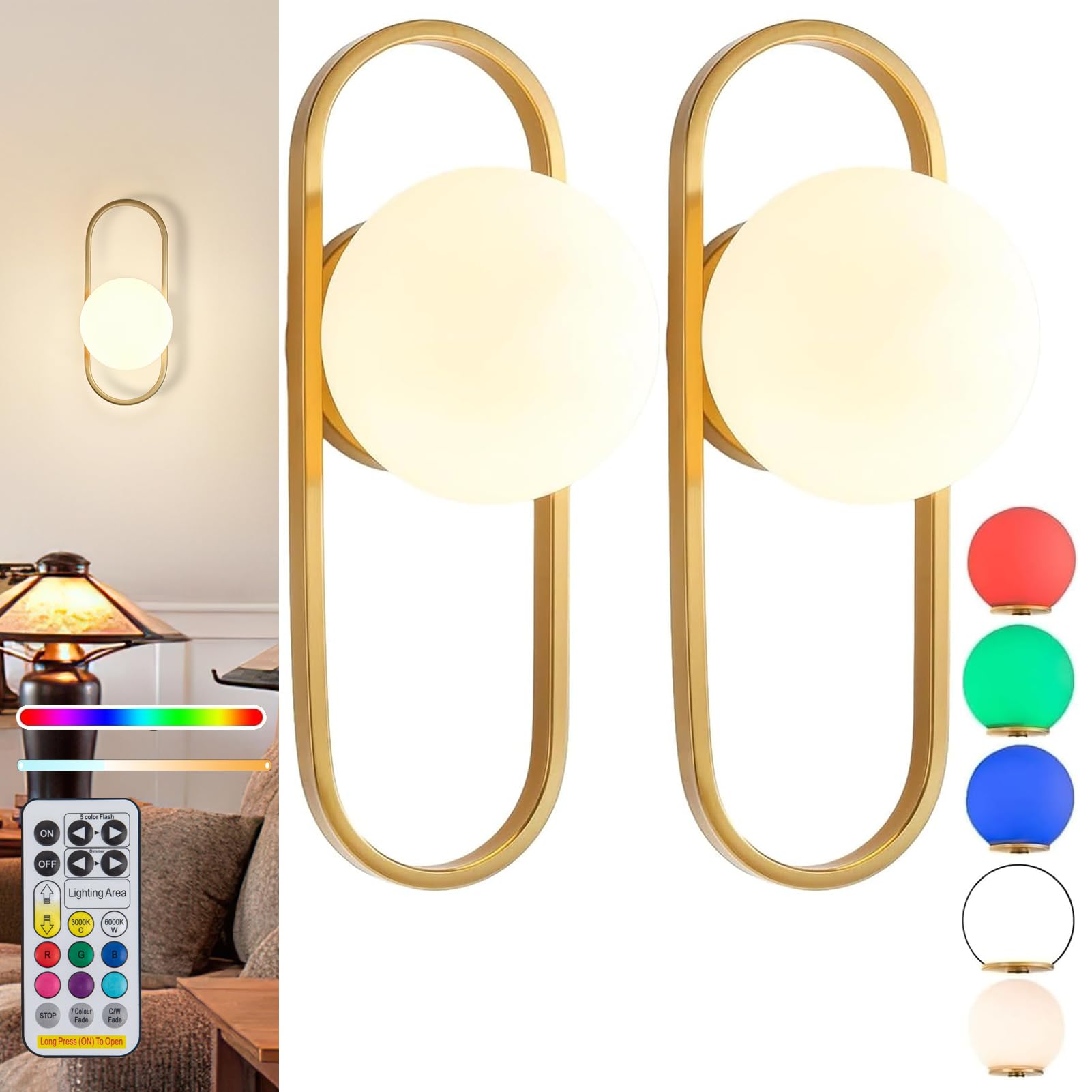 jengush Battery Operated Wall Sconce Set of 2, Wireless Dimmable Indoor Lights, Metal, One Size, Gold, Model WL-2203