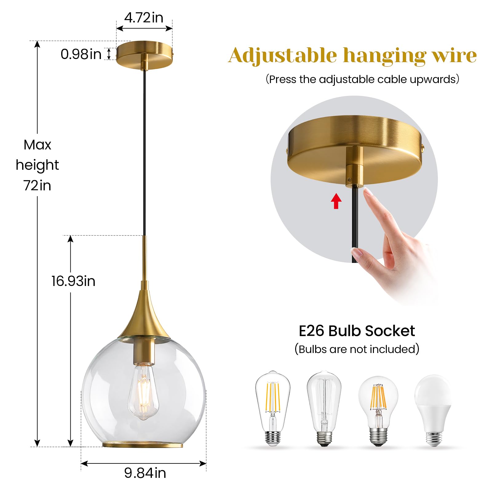 Hahzt Pendant Lights Kitchen Island: 3 Pack Gold Light Fixture Modern With Clear Glass - 10 Inch Mid Century Globe Kitchen Light