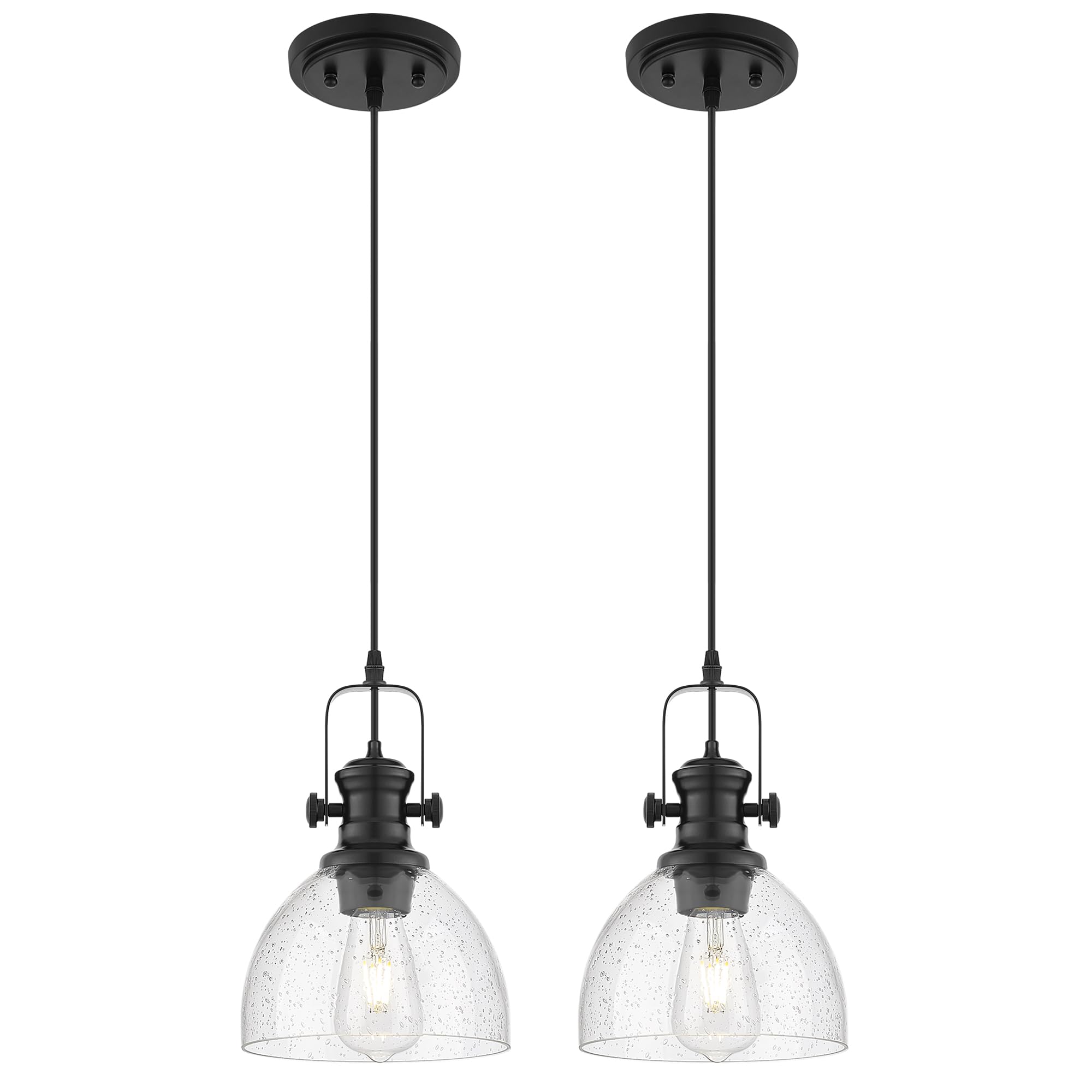 Audickic 2 Pack Pendant Lights Kitchen Island  7.5 Black Pendant Lighting with Clear Seeded Glass Shade  Farmhouse Hanging Light Fixtures for Dining Room  AD-22151-1P2-BK