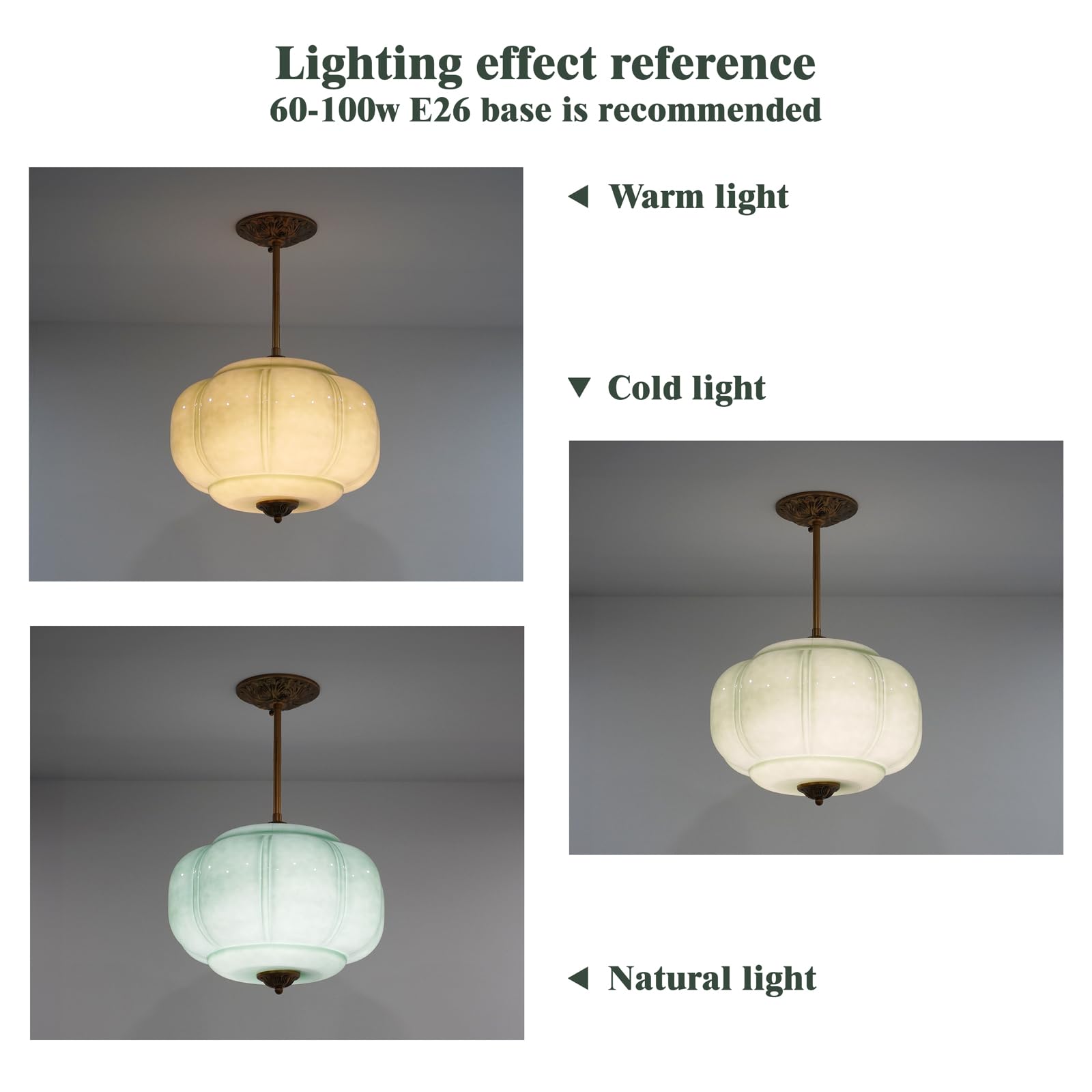 CKENSU Milk Glass Ceiling Light Fixture, Antique Brass Semi Flush Mount, 15 inch, Green, Model RXZER1110