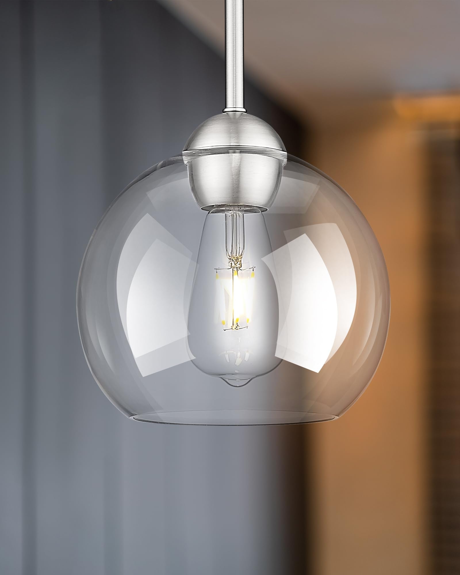 Emak 2 Pack Brushed Nickel Pendant Lights Kitchen Island, 8 Inch Globe Pendant Lighting With Clear Glass Shade, Modern Hanging L