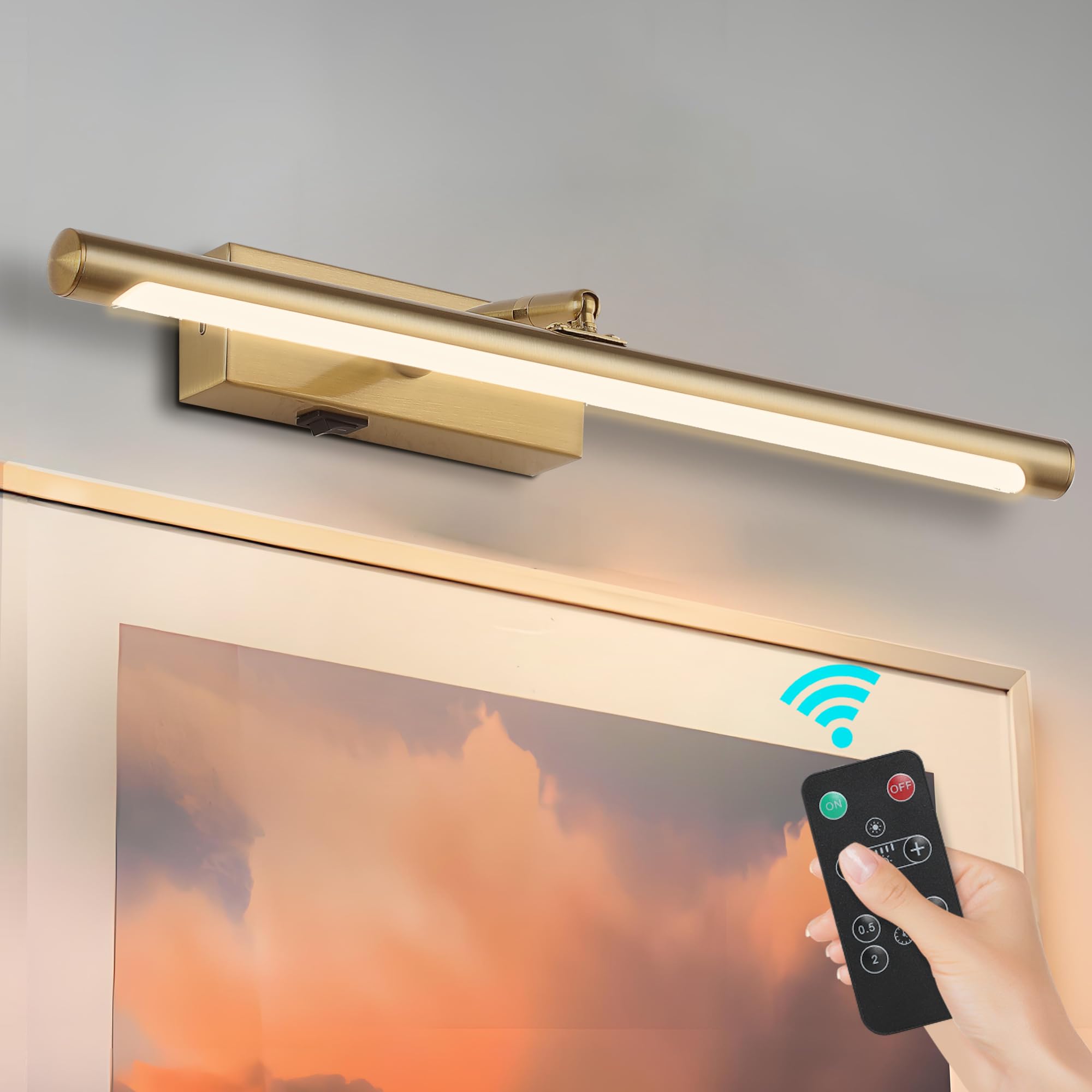Kiloeye Picture Lights Battery Operated With Remote, Rechargeable Picture Lights For Wall Brightness Dimmable Sticker/Screw Installation, Art Light For Gallery, Artwork (Golden, 16‘’)