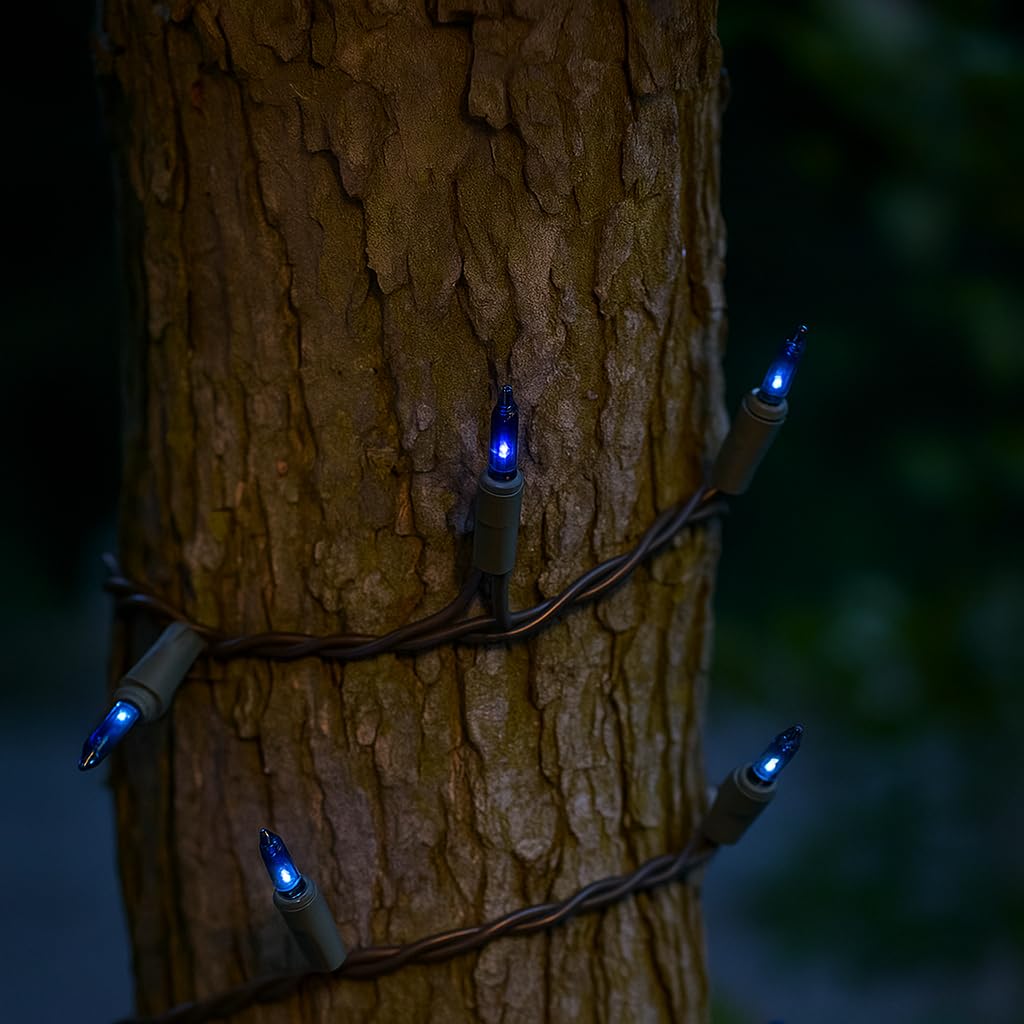 Novelty Lights 50 Feet 100 Bulbs Traditional Incandescent Mini Lights, Blue On Brown Wire With 6 Spacing, Commercial Grade And U