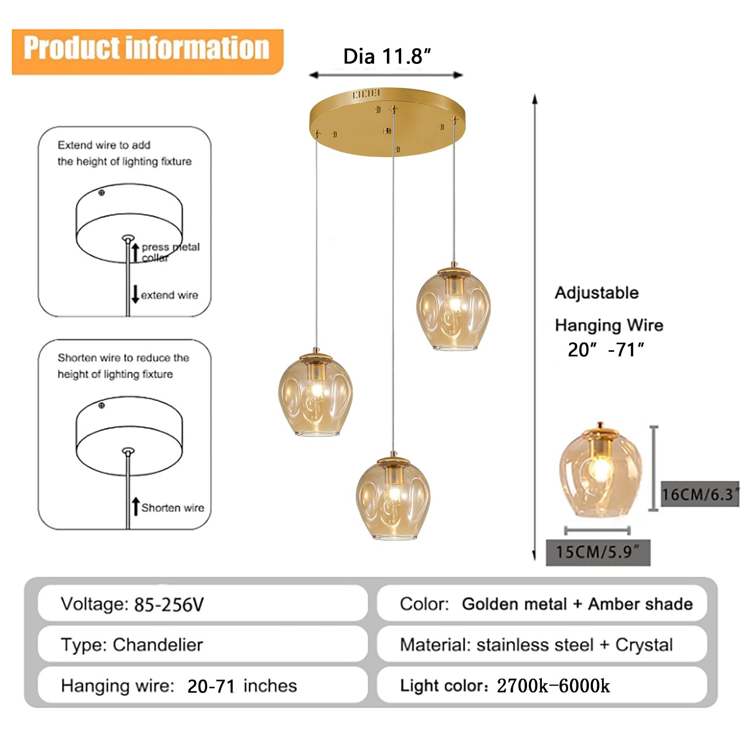 3-Light Gold Chandelier With Led Bulbs & Amber Glass Shade Ceiling Light Pendant Light For Kitchen Island, Dining Room, Living R