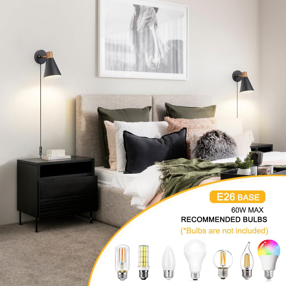 Black Plug In Wall Sconces Set Of 2, Modern Wall Light With Plug In Cord, Wooden Plug In Wall Lamps With Hammered Metal Shade, Corded Wall Sconce Light Plug In For Bedroom, Living Room, Hallway