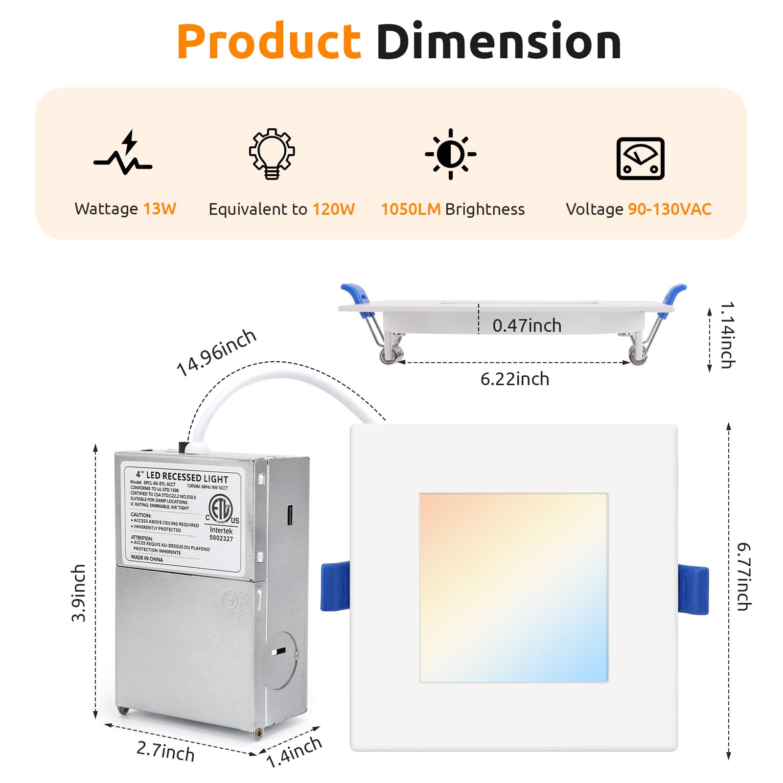 Honzin 1 Pack 6 Inch Square Led Recessed Lighting  5Cct Ultra-Thin Led Ceiling Lights  2700K/3000K/3500K/4000K/5000K Selectable  13W  Ic Rated  Dimmable White Square Trim With Junction Box