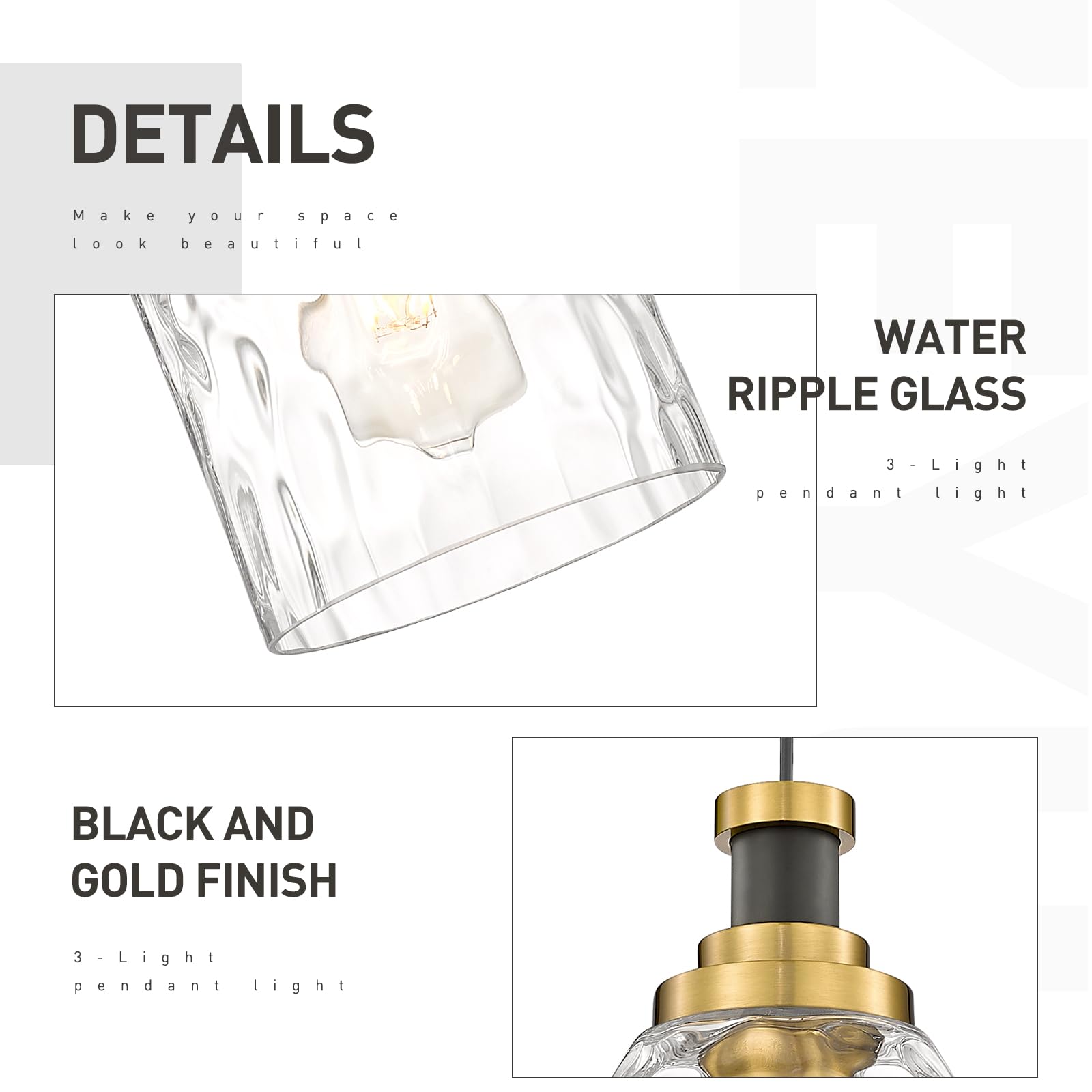 Zeyu Adjustable Modern Cluster Pendant Light For Kitchen Island, 3-Light Pendant Lighting, Black And Gold Finish With Water Ripp