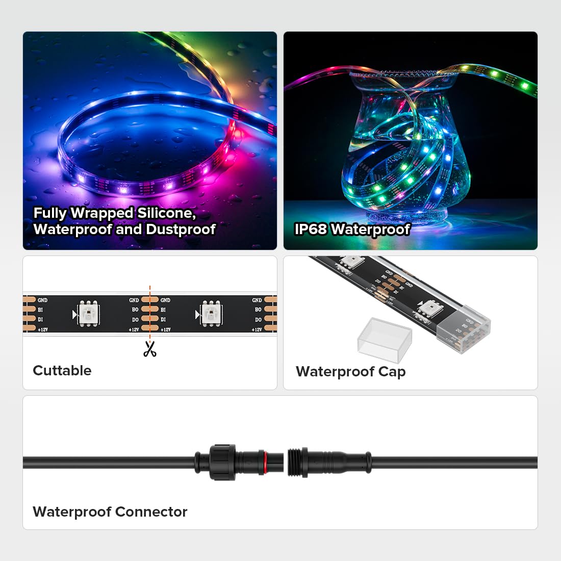 BTF-LIGHTING WS2815 RGB LED Strip, IP68 Waterproof, 16.4ft, 150 LEDs, Silicone Rubber, Black PCB, Model HD-12V-WS2815