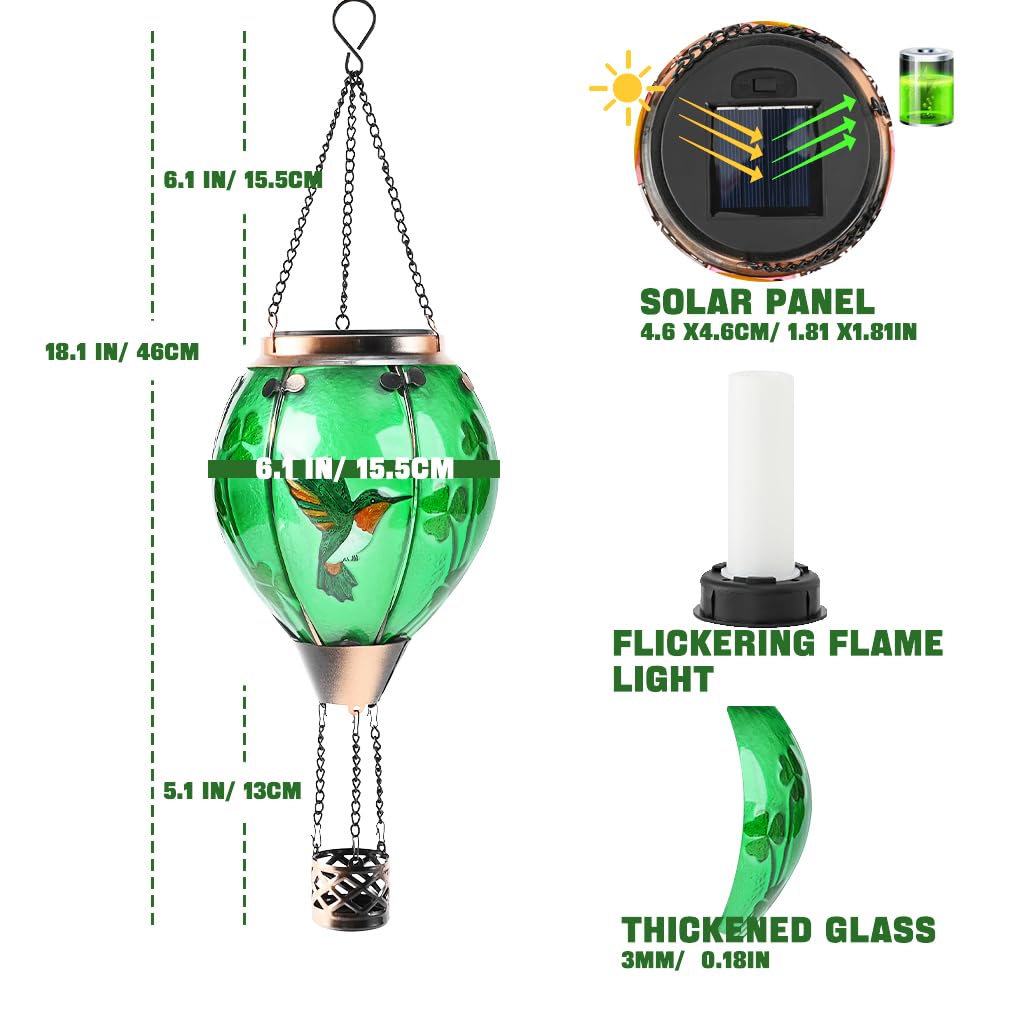 Bathtoo St Patricks Hot Air Balloon Solar Lantern, Glass, Hummingbird & Shamrock, Simulated Flickering Flame, Outdoor Decor