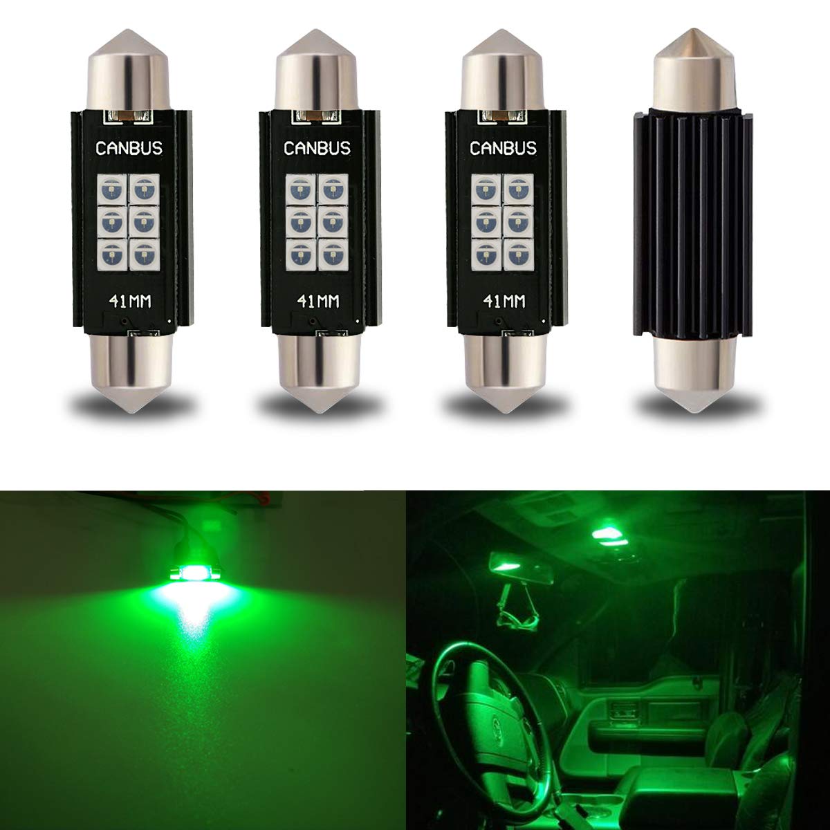 iBrightstar Festoon LED Bulbs 41mm Green 9-30V Error Free for Dome and License Plate Lights, Model iBrightstar-41mm-3030-6G