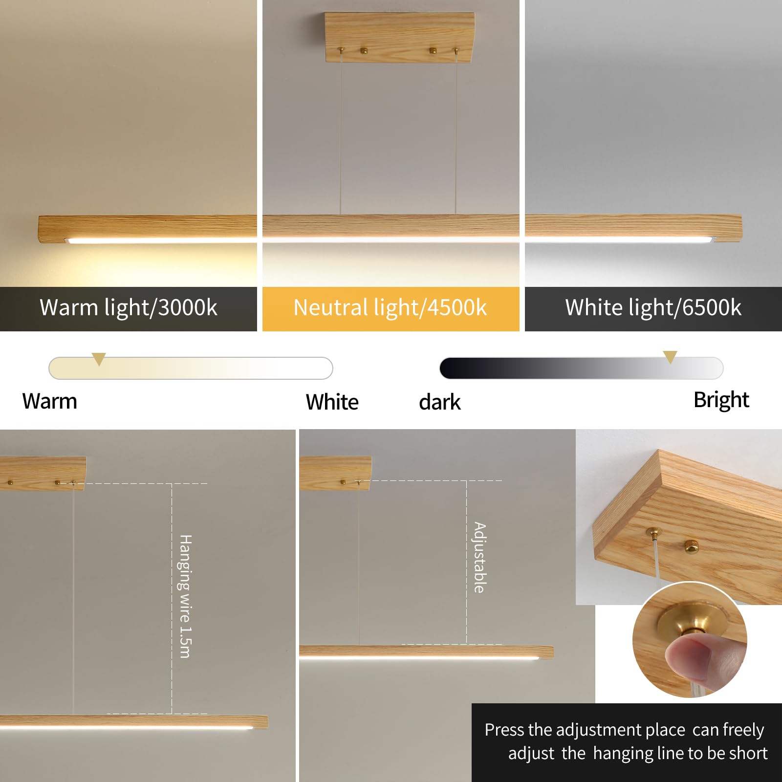 Wooden Linear Pendant Light, 47'' Modern Chandeliers For Dining Room, Dimmable Pool Table Island Lights For Kitchen, Led Ceiling