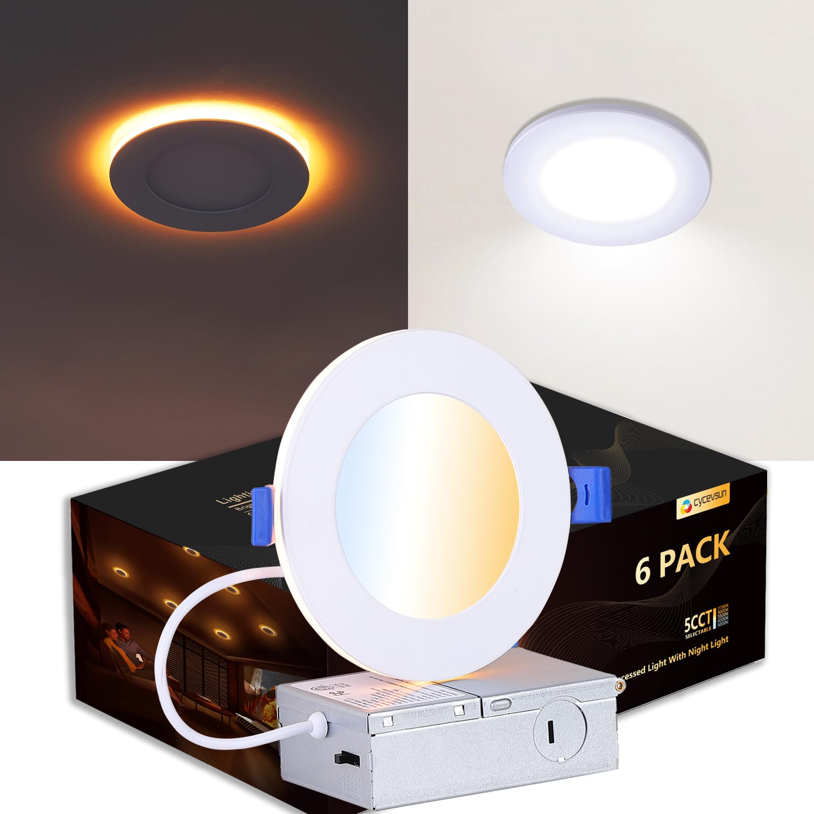 CycevSun Recessed Lighting 4 Inch with Night Light, Dimmable 5CCT Canless Ultra Thin Wafer Downlight Soffit with Junction Box, 9