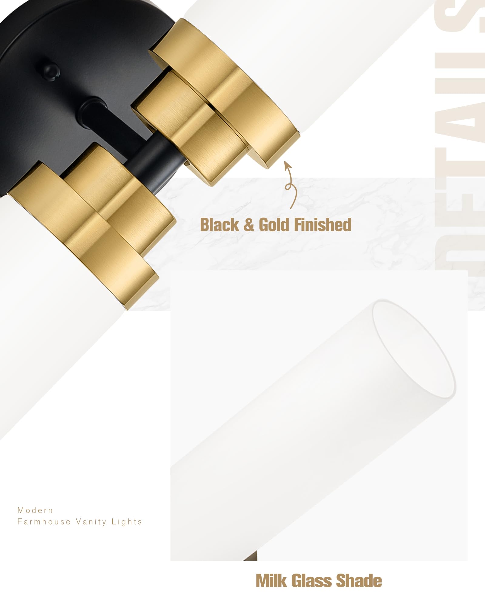 Emak 22-Inch Modern Bathroom Light Fixtures, Black Gold & Milk Glass, 2-Light Wall Sconce, Model VL085-BKBGD-ML-2